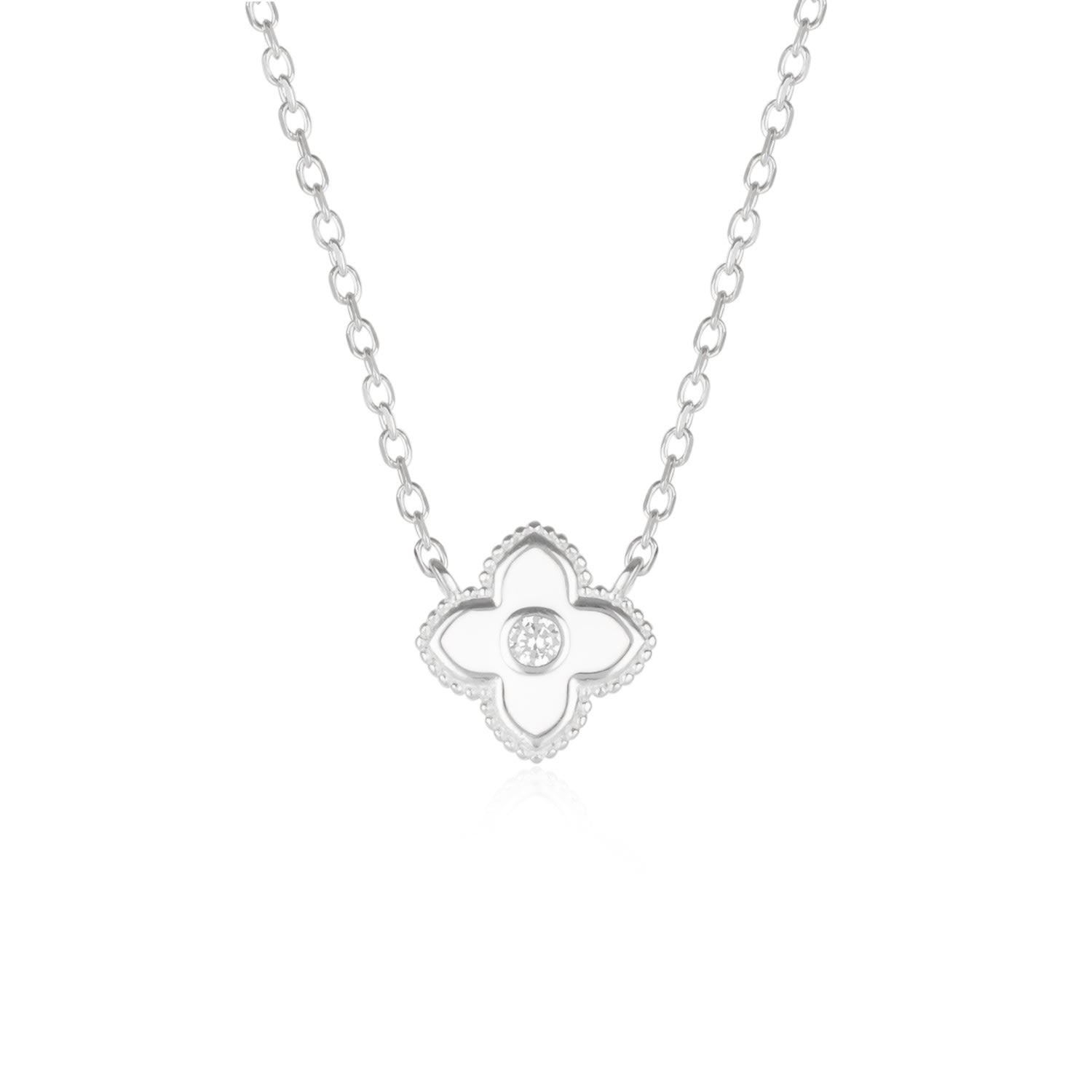 White Enamel Four Leaf Clover Necklace With Gemstone In Sterling Silver - Silver