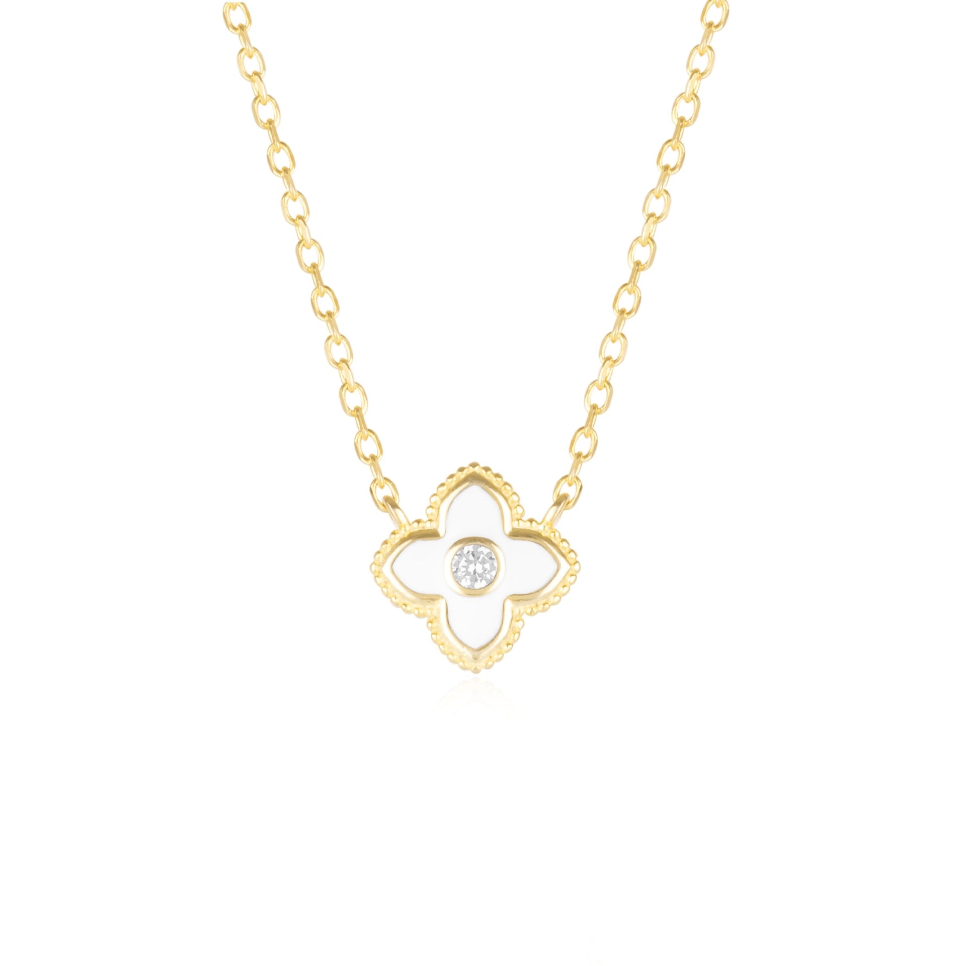 White Enamel Four Leaf Clover Necklace With Gemstone In Sterling Silver - Gold