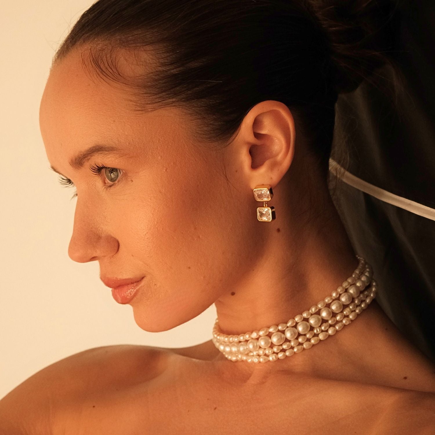 White Double Crystal Stone Dangle Earrings