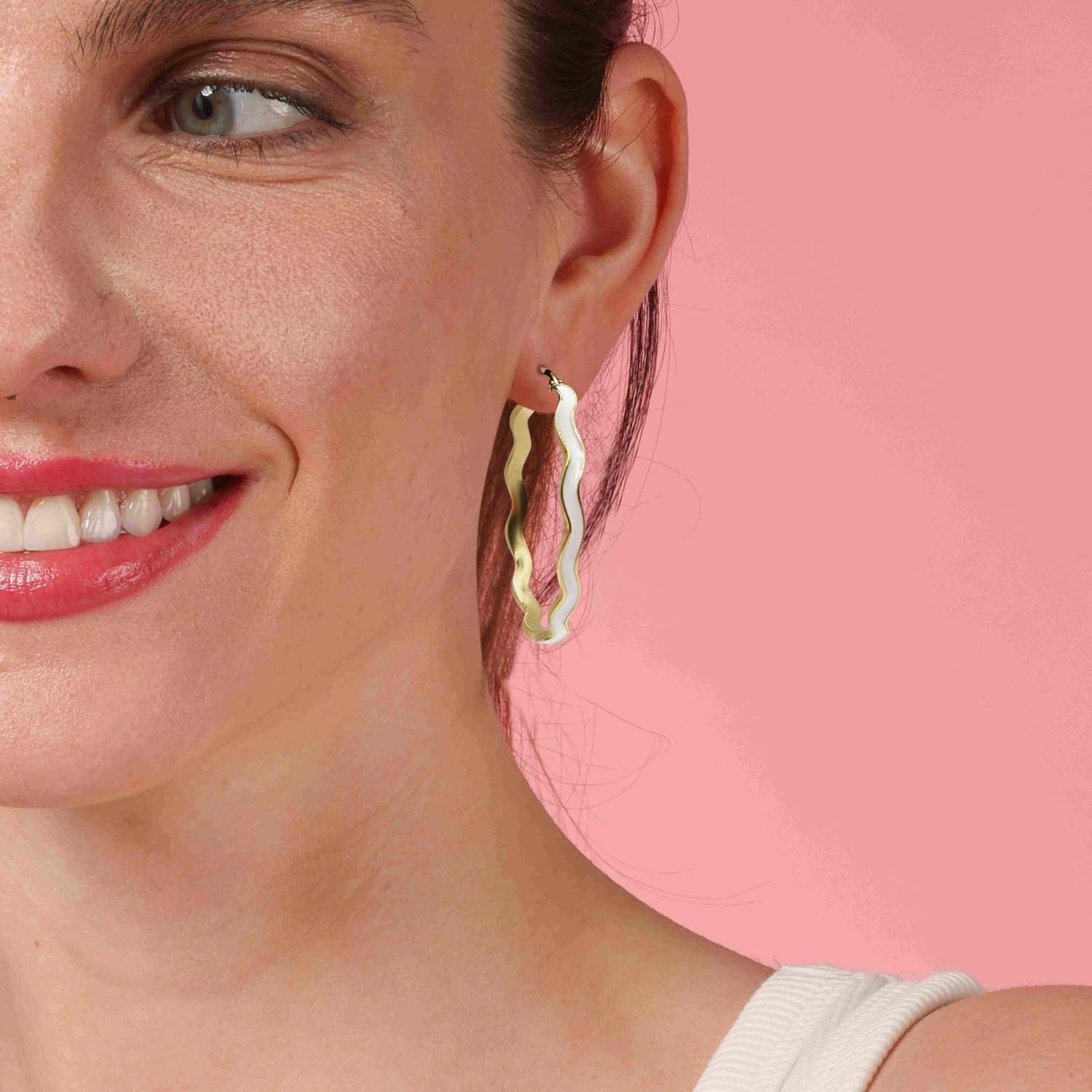 White Enamel And Gold Wavy Hoop Earrings