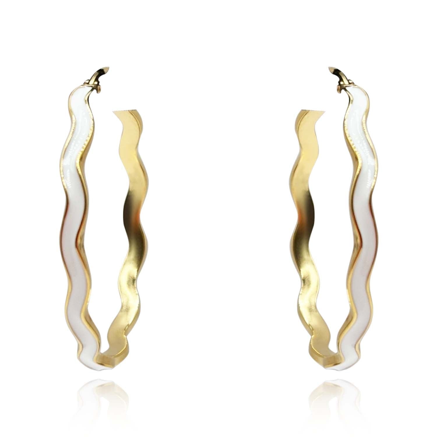 White Enamel And Gold Wavy Hoop Earrings