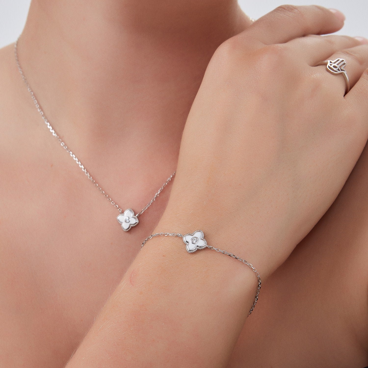 White Enamel Clover Bracelet Sterling Silver - Silver