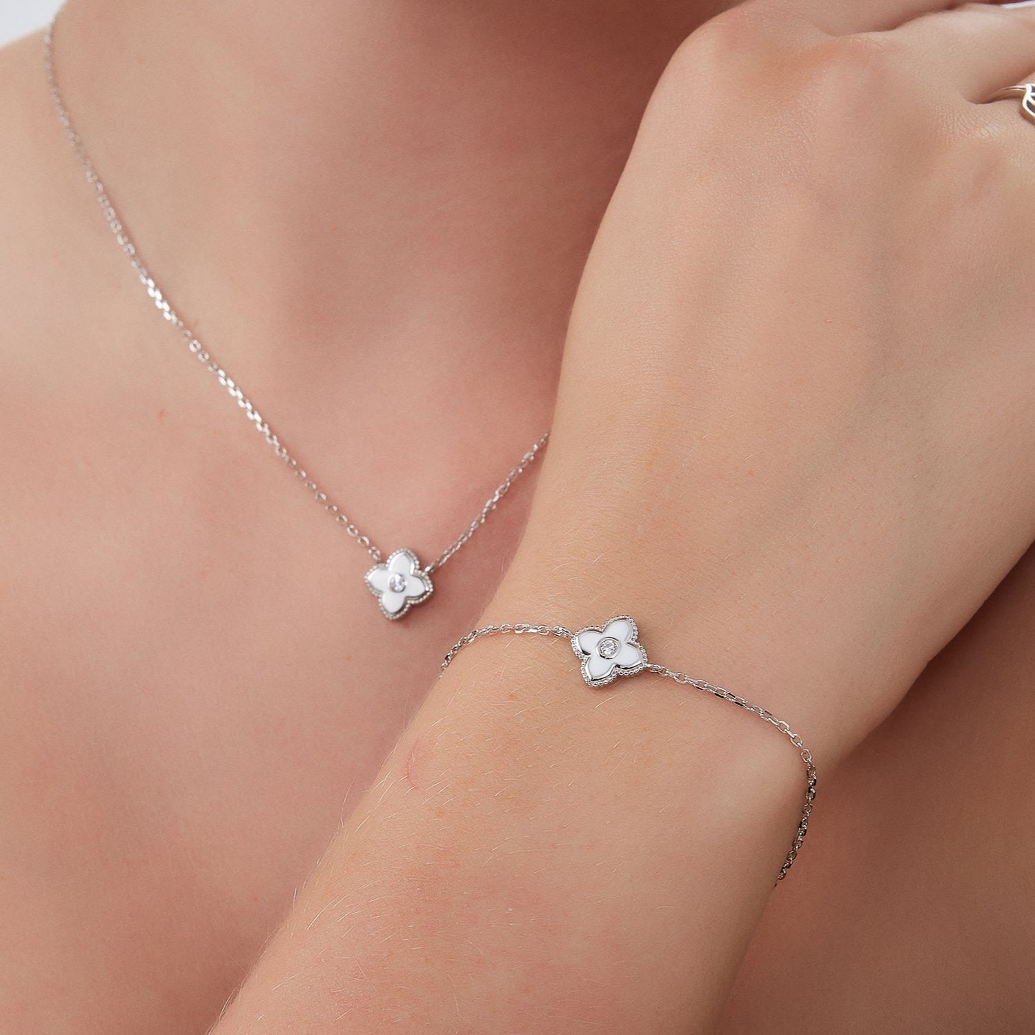 White Enamel Four Leaf Clover Necklace & Bracelet Set With Gemstone In Sterling Silver - Silver