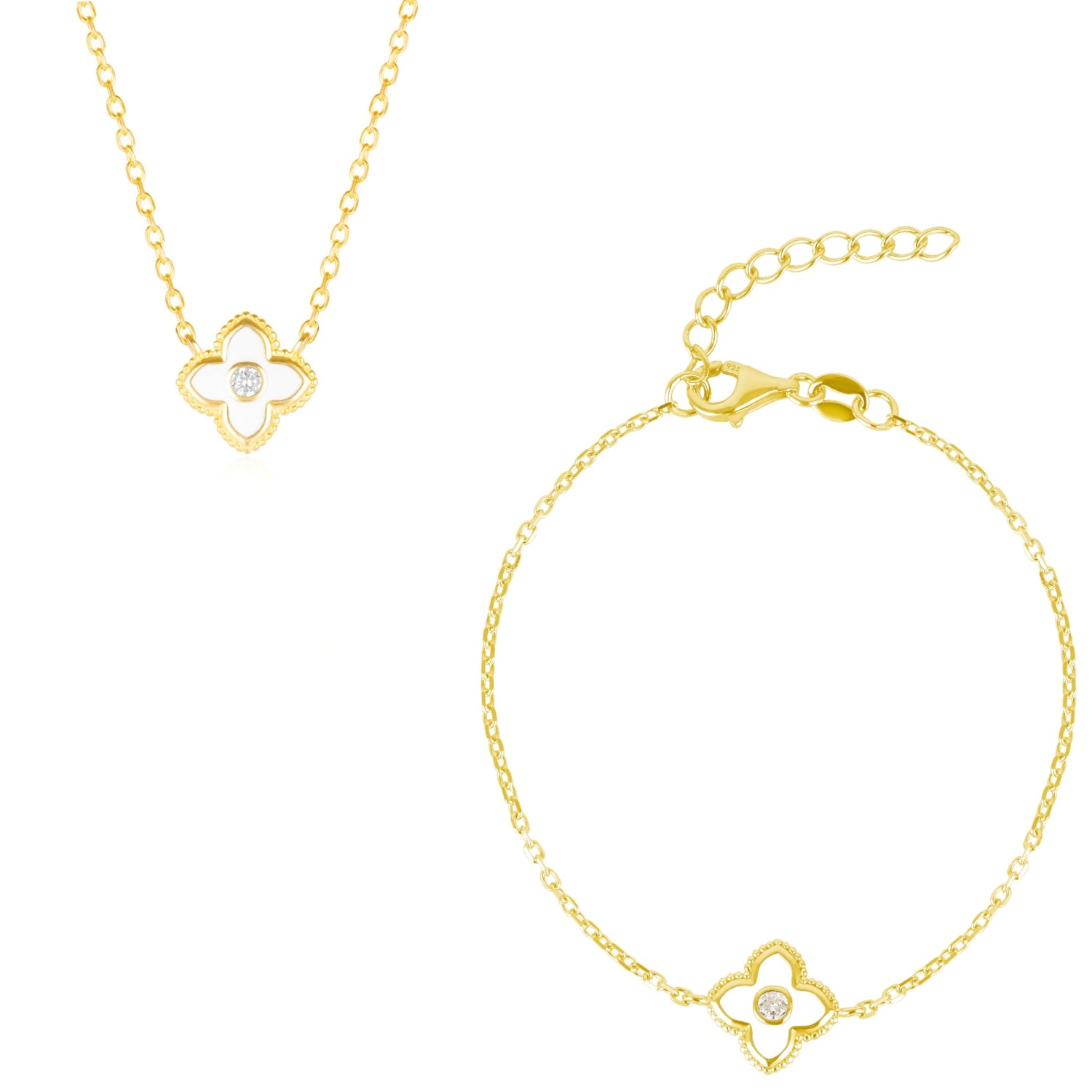 White Enamel Four Leaf Clover Necklace & Bracelet Set With Gemstone In Sterling Silver - Gold