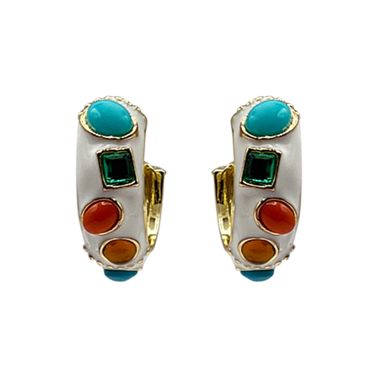 White Enamel Multi Color Stone Pierced Hoops