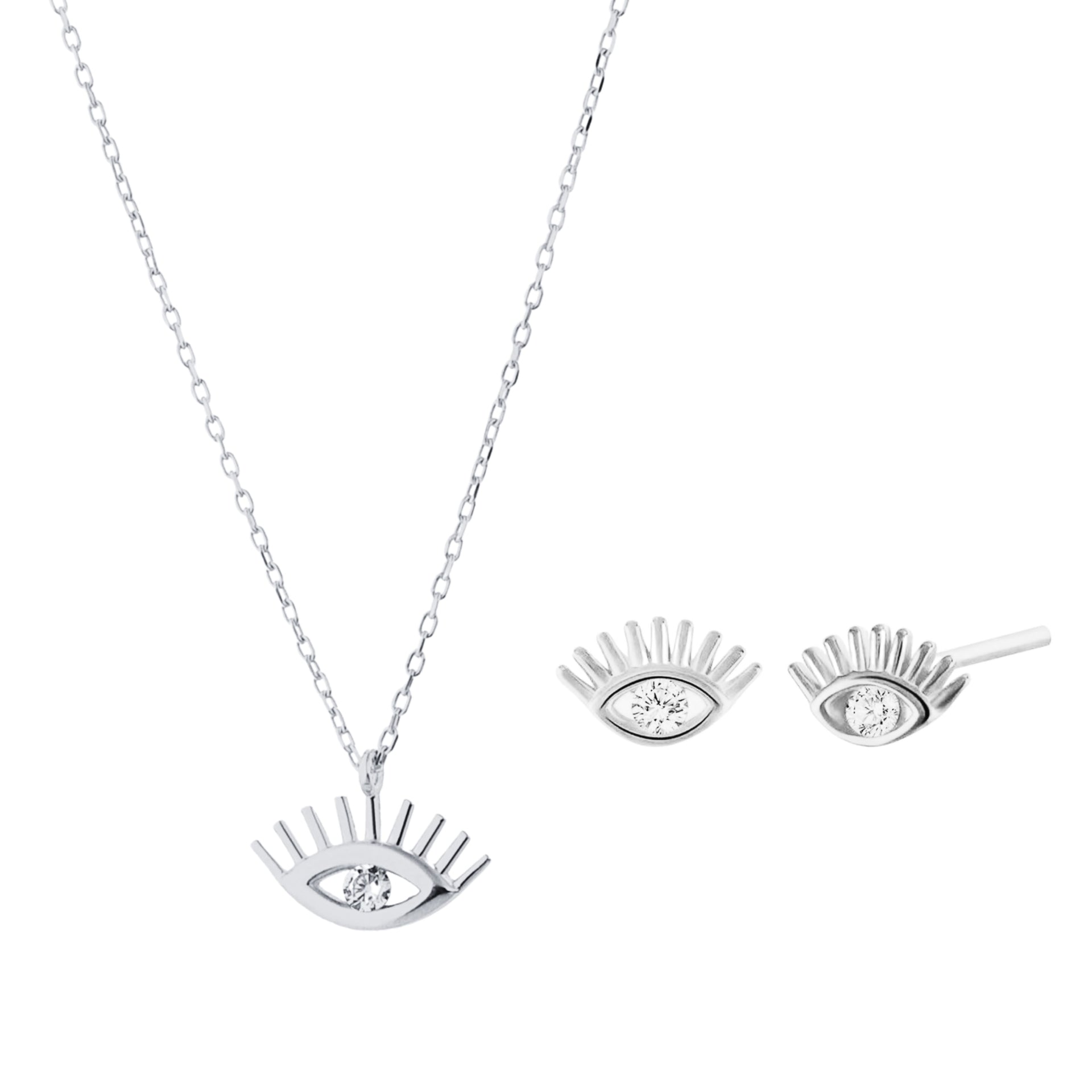White Eye Evil Eye Sterling Silver Necklace & Stud Set - Silver