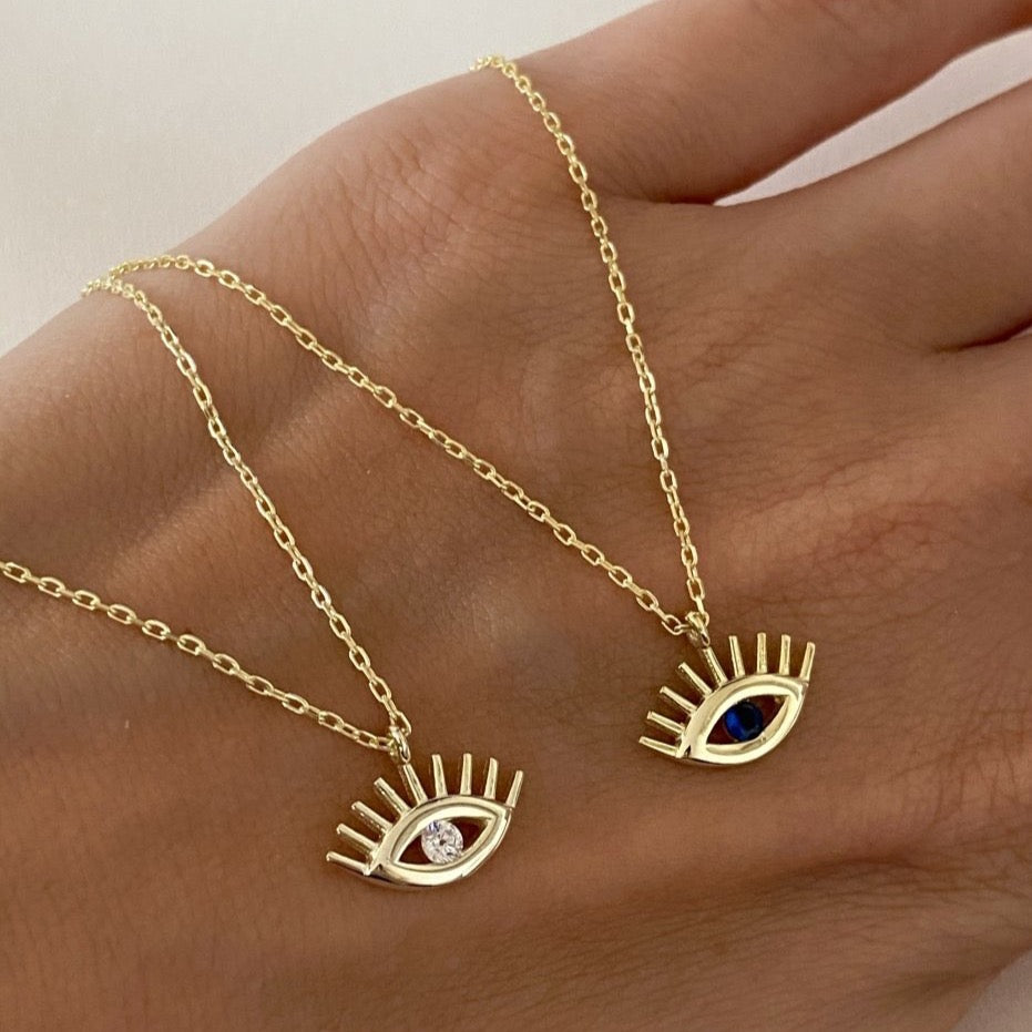 White Eye Evil Eye Sterling Silver Necklace & Stud Set - Gold