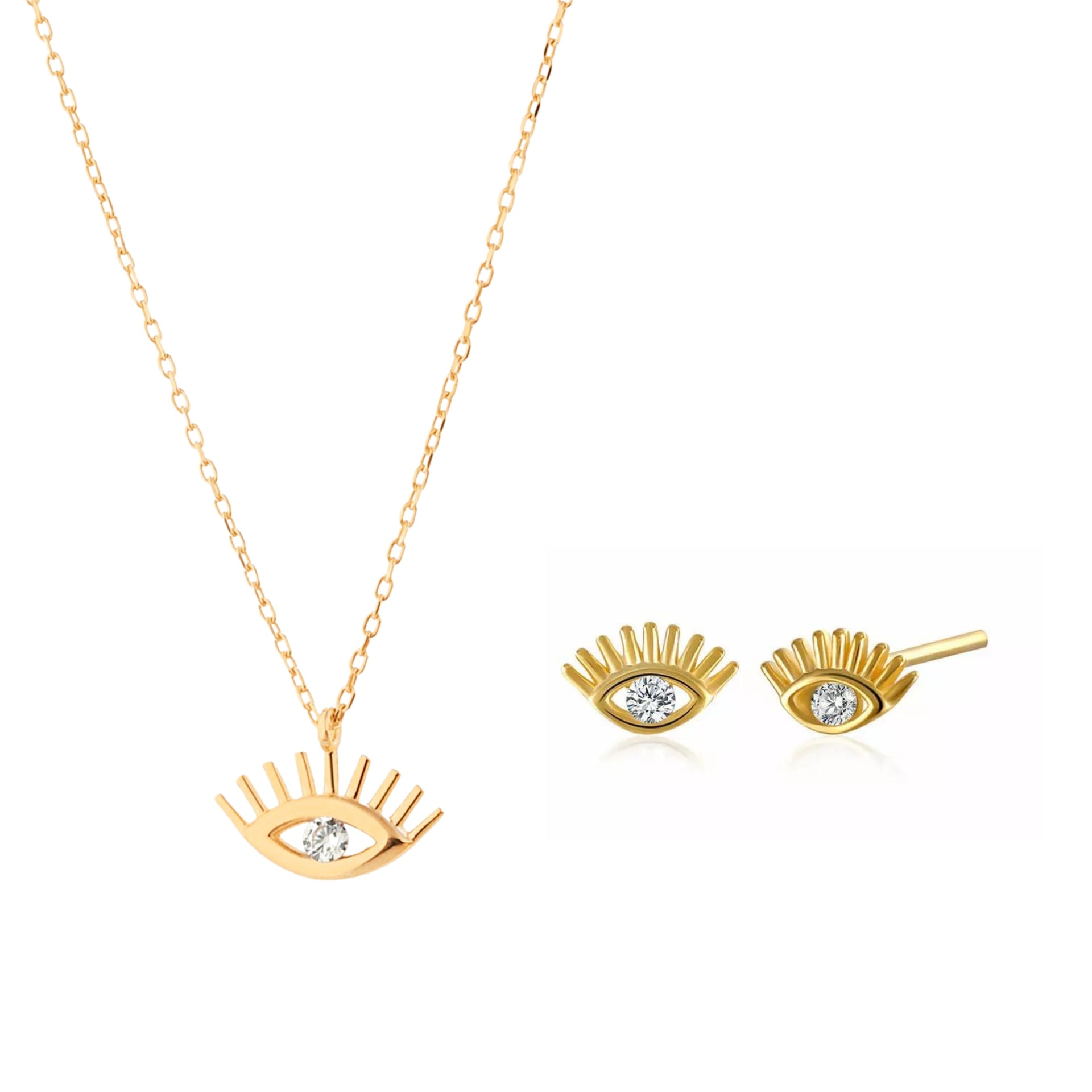 White Eye Evil Eye Sterling Silver Necklace & Stud Set - Gold