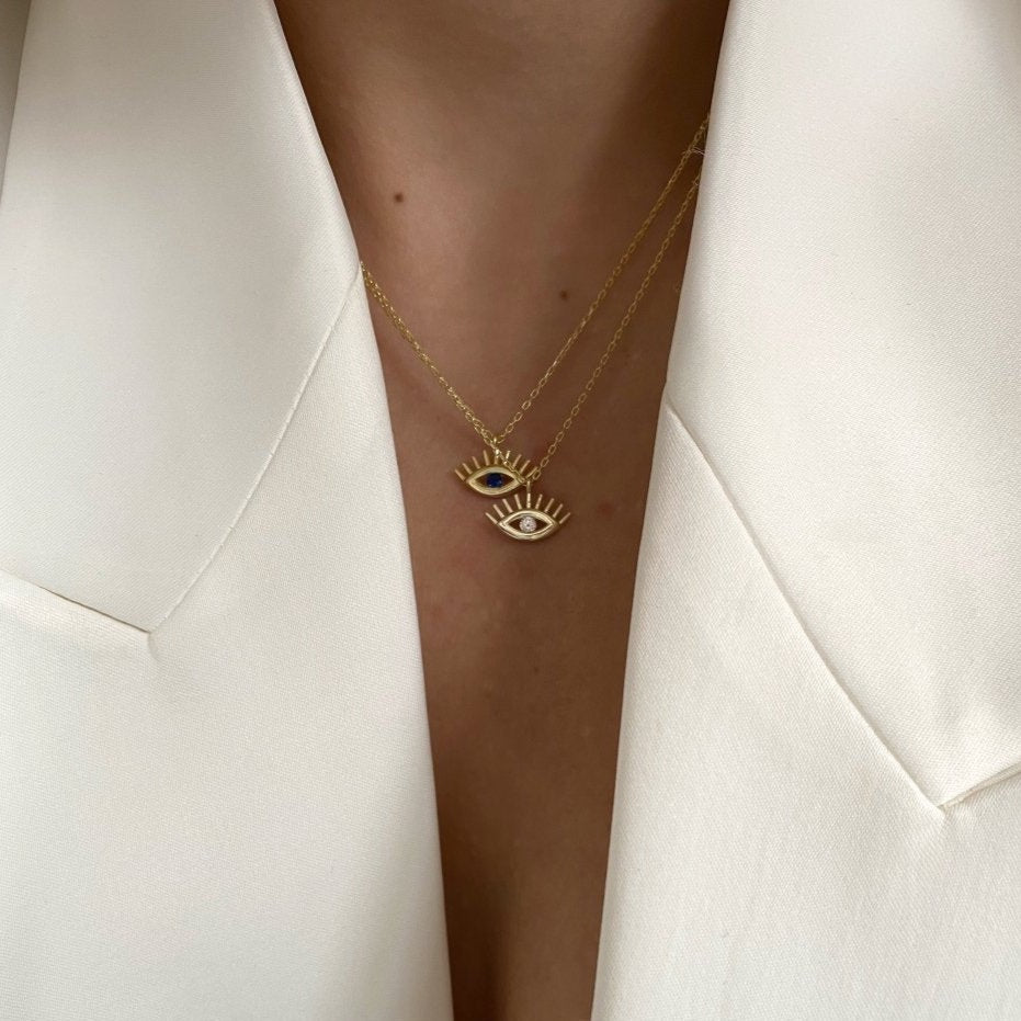 White Eye Evil Eye Sterling Silver Necklace - Silver