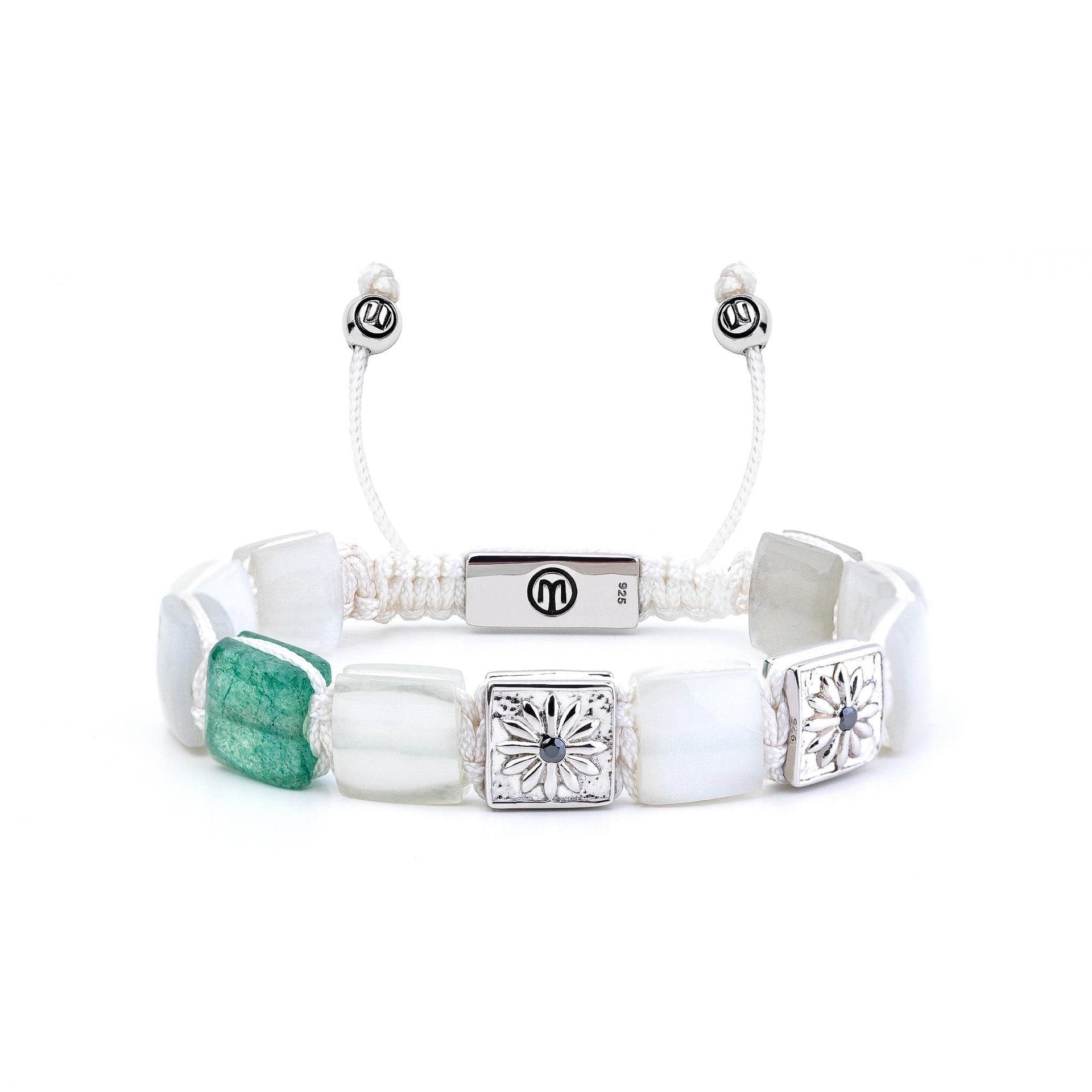 White Flat-Bead Bracelet With Moonstone & Green Strawberry Quartz In Silver