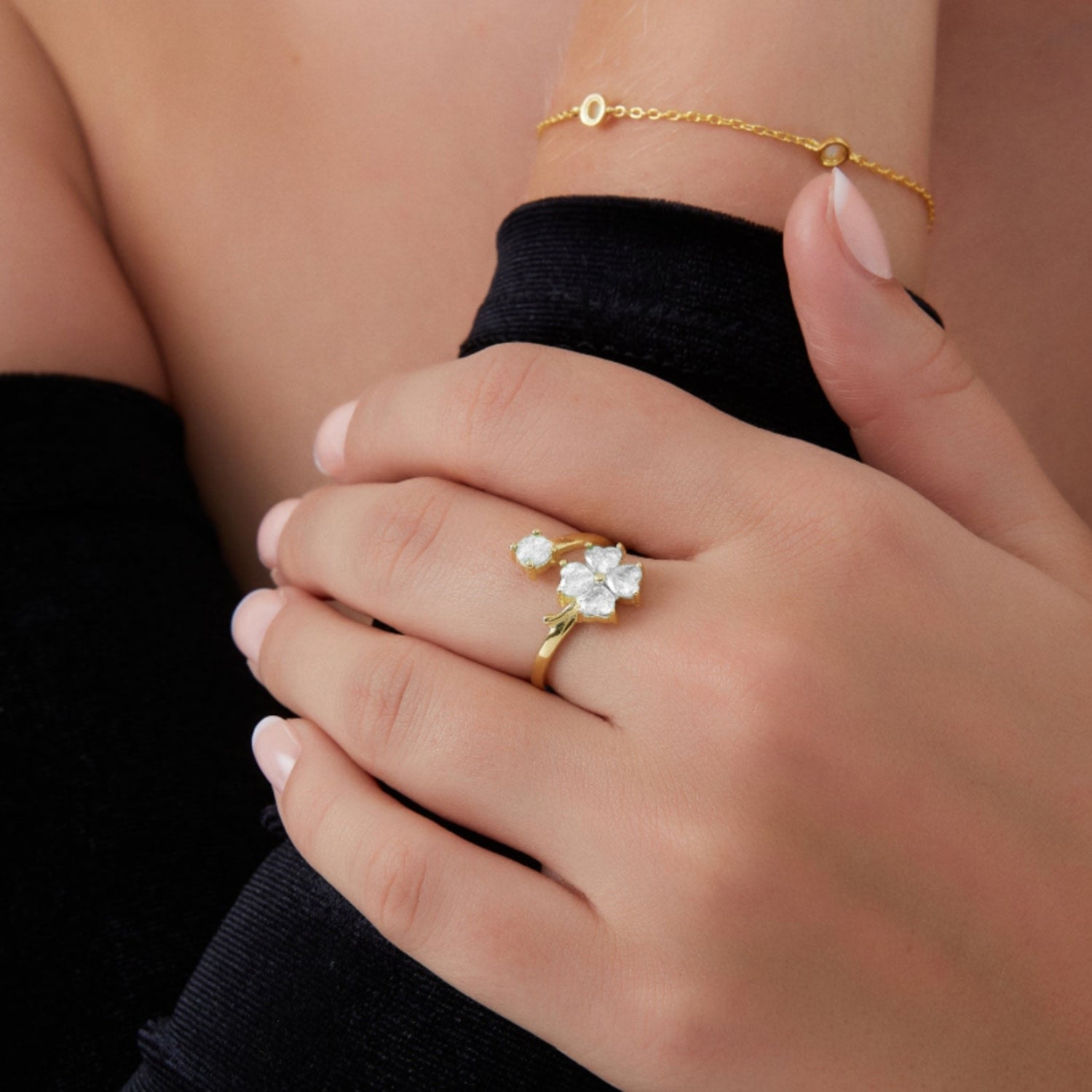 White Four Leaves Clover Luck Ring Sterling Silver - Gold