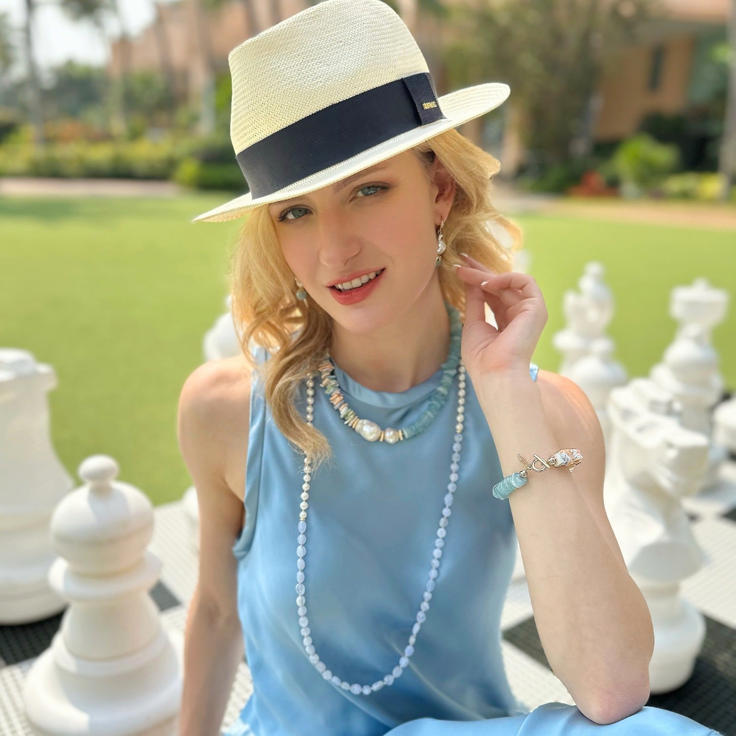 White Freshwater Pearls And Blue Lace Agate Long Necklace