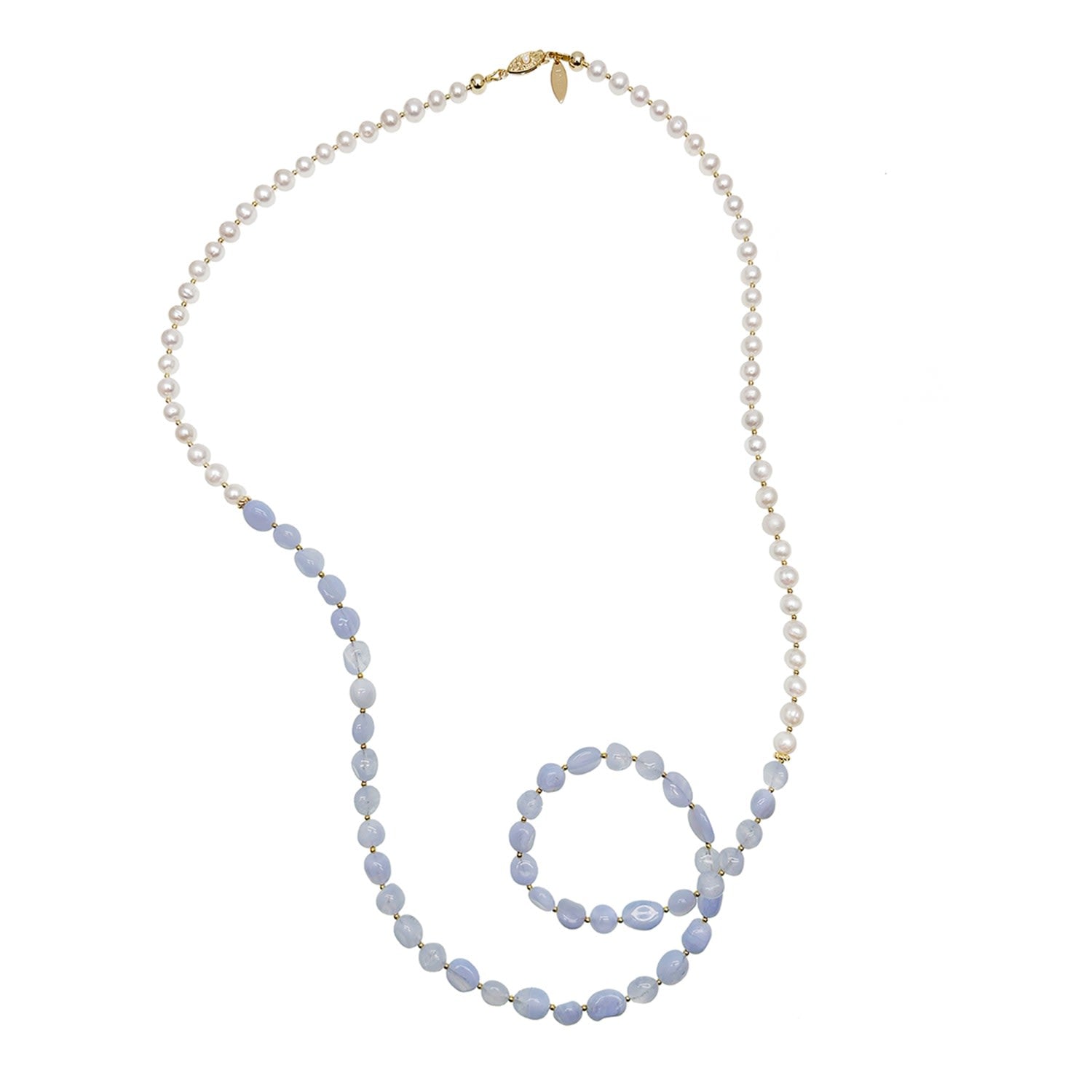 White Freshwater Pearls And Blue Lace Agate Long Necklace