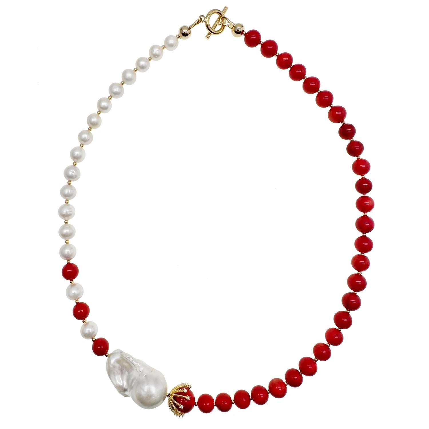 White Freshwater Pearls And Red Coral With Baroque Pearls Elegant Necklace