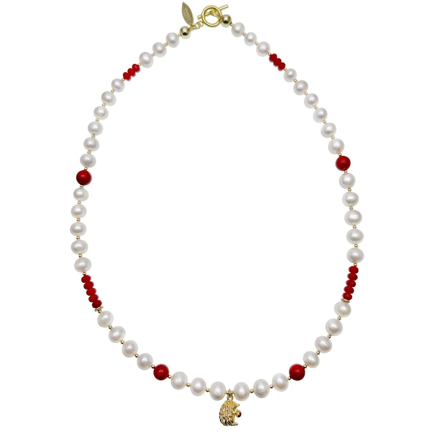 White Freshwater Pearls And Red Coral With Hedgehog Pendant Necklace