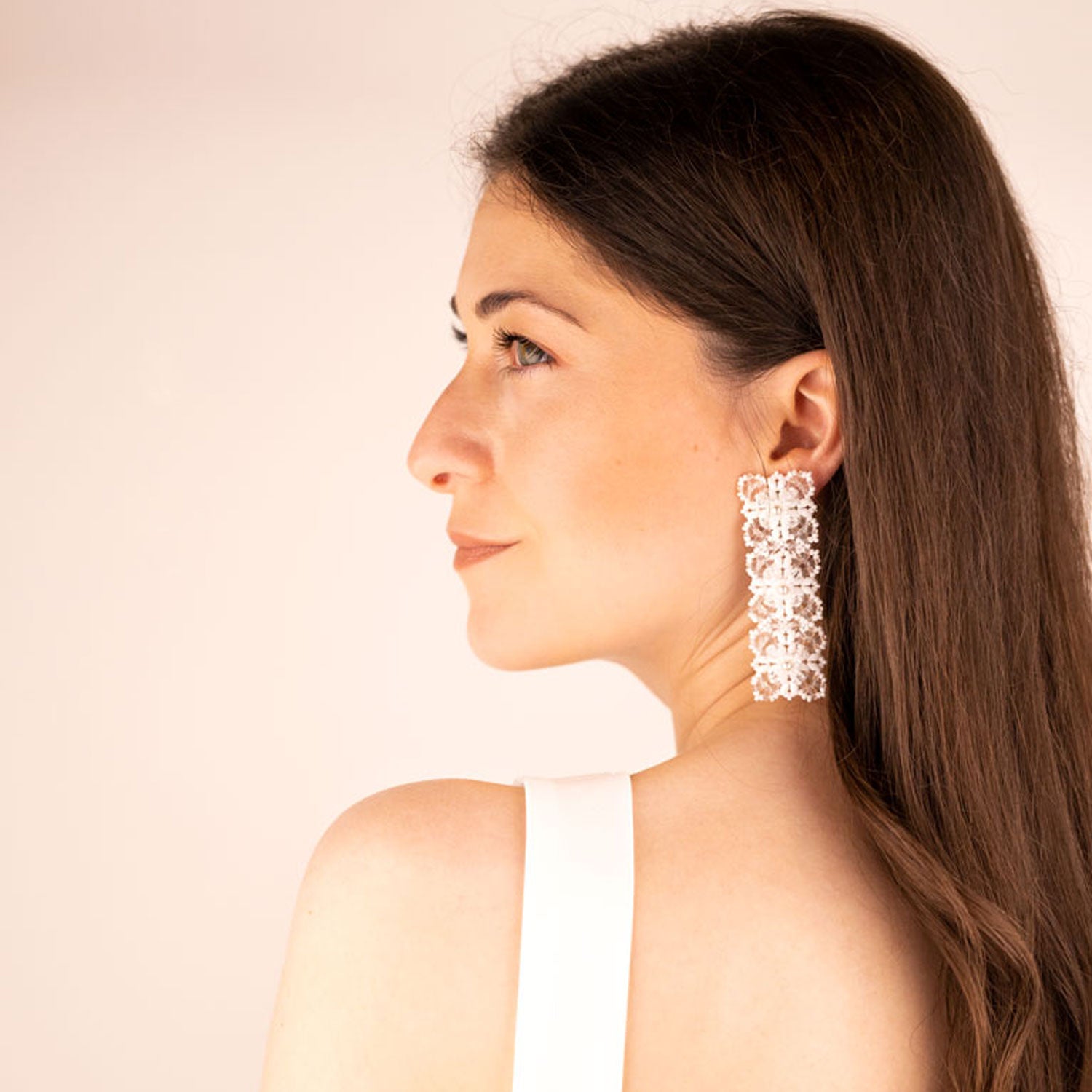 Bridal White Glass Beads Silver Lace Design Long Wedding Earrings