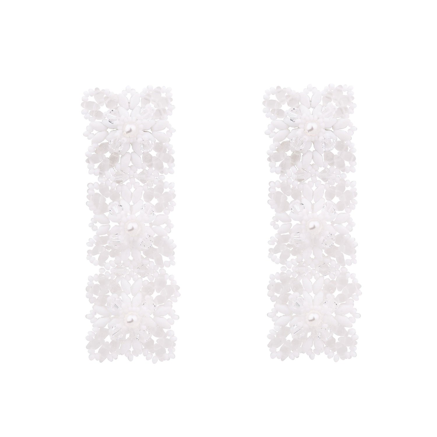 Bridal White Glass Beads Silver Lace Design Long Wedding Earrings