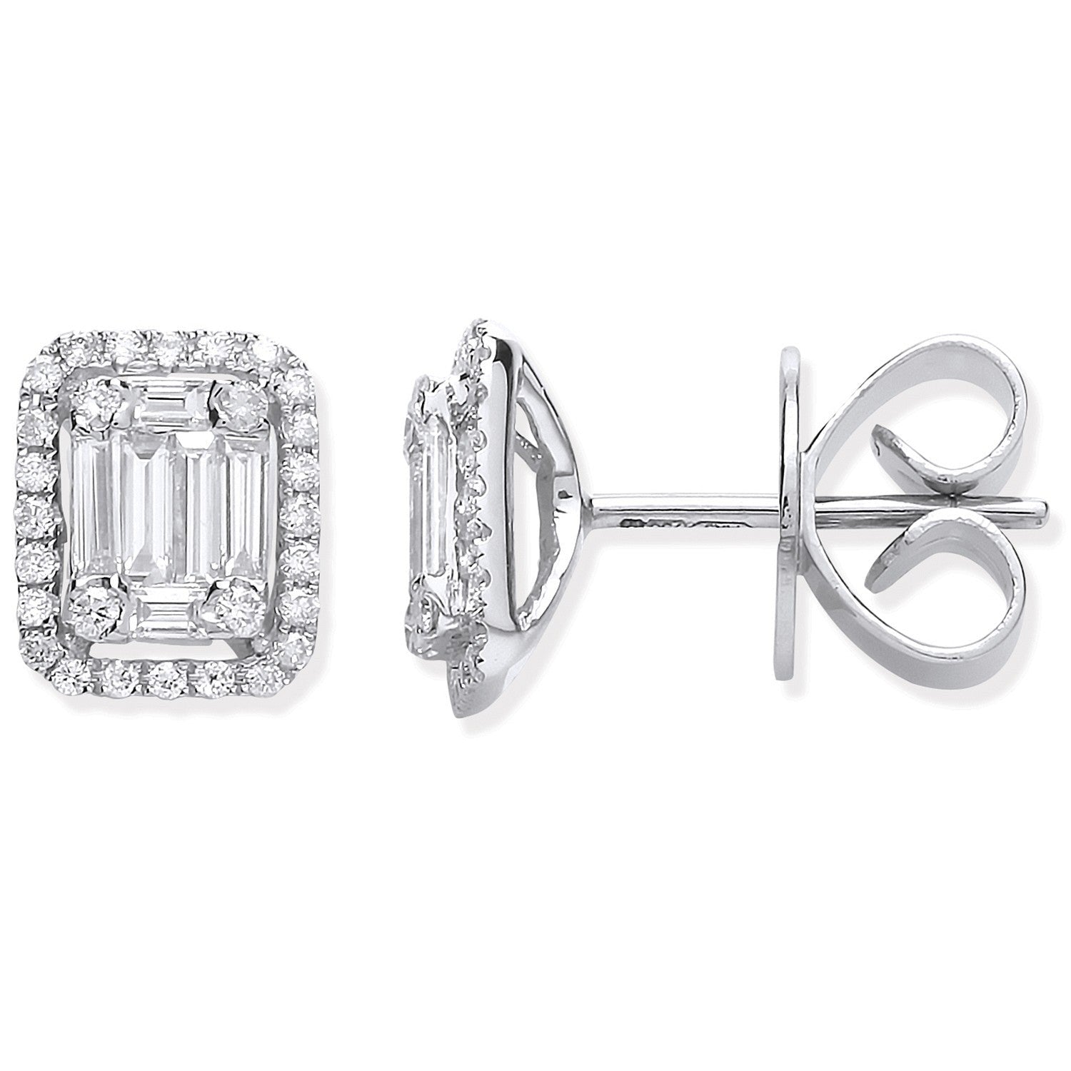 White Gold Baguette Brilliant Cut Diamond Rectangle Halo Earrings