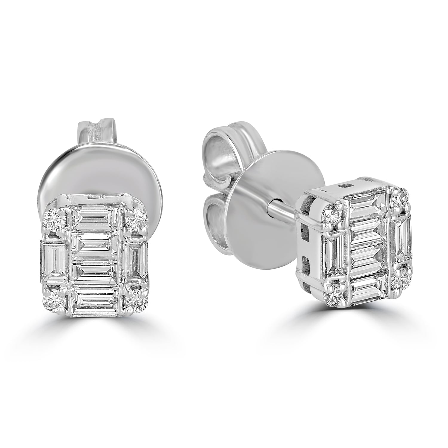 White Gold Baguette Cut Diamond Square Stud Earrings