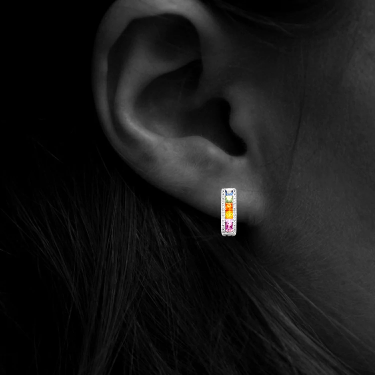 White Gold Diamond And Multi Coloured Sapphires Earrings