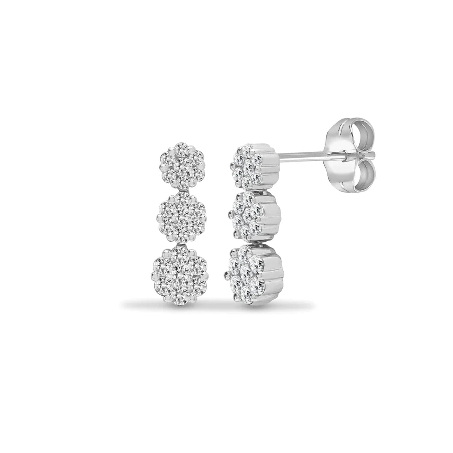 White Gold Diamond Daisy Cluster Drop Stud Earrings