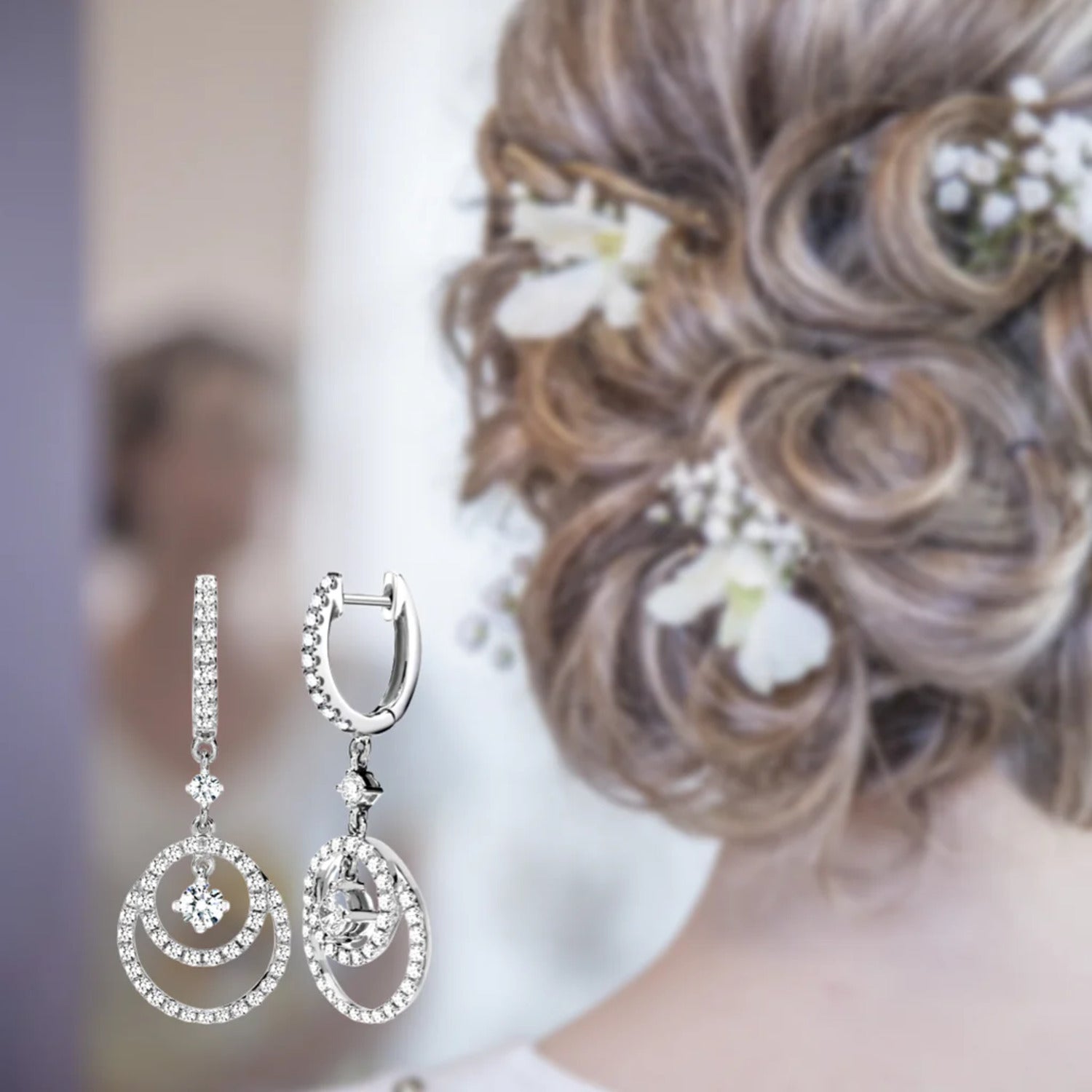 White Gold Diamond Drop Earrings Circle Drop Hoops Earrings