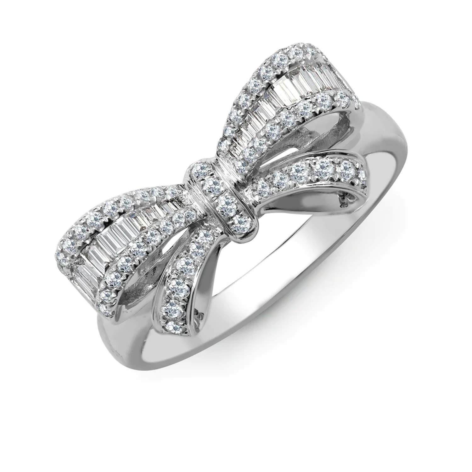 White Gold Diamond Round & Baguette Bow Ring