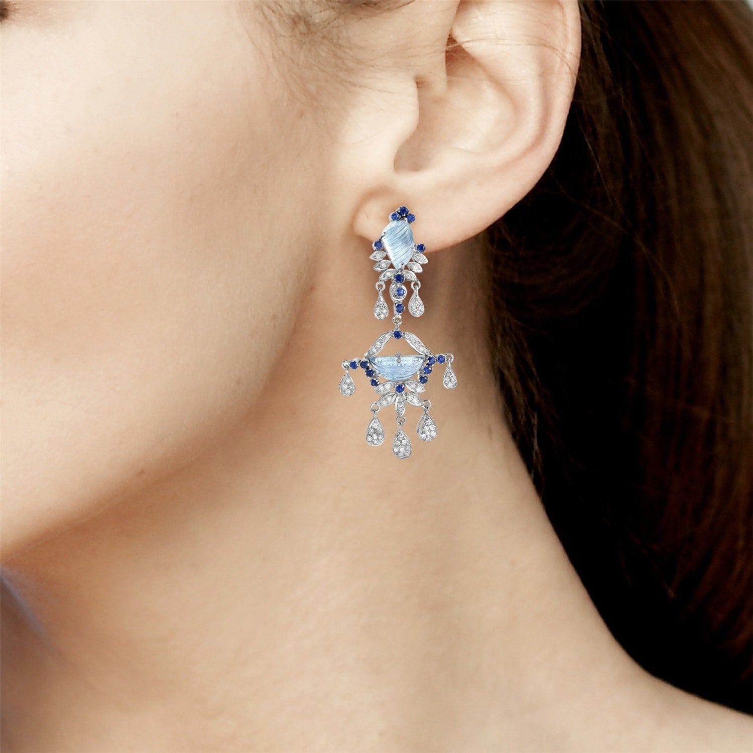 "White Gold Drop Earrings With Carved Aquamarine, Blue Sapphires & Diamond "