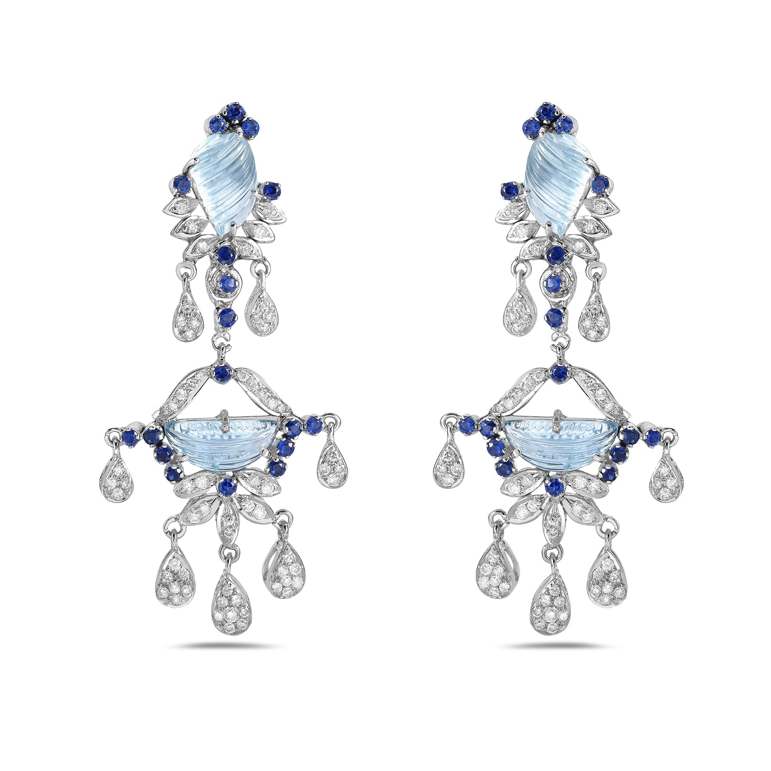 "White Gold Drop Earrings With Carved Aquamarine, Blue Sapphires & Diamond "