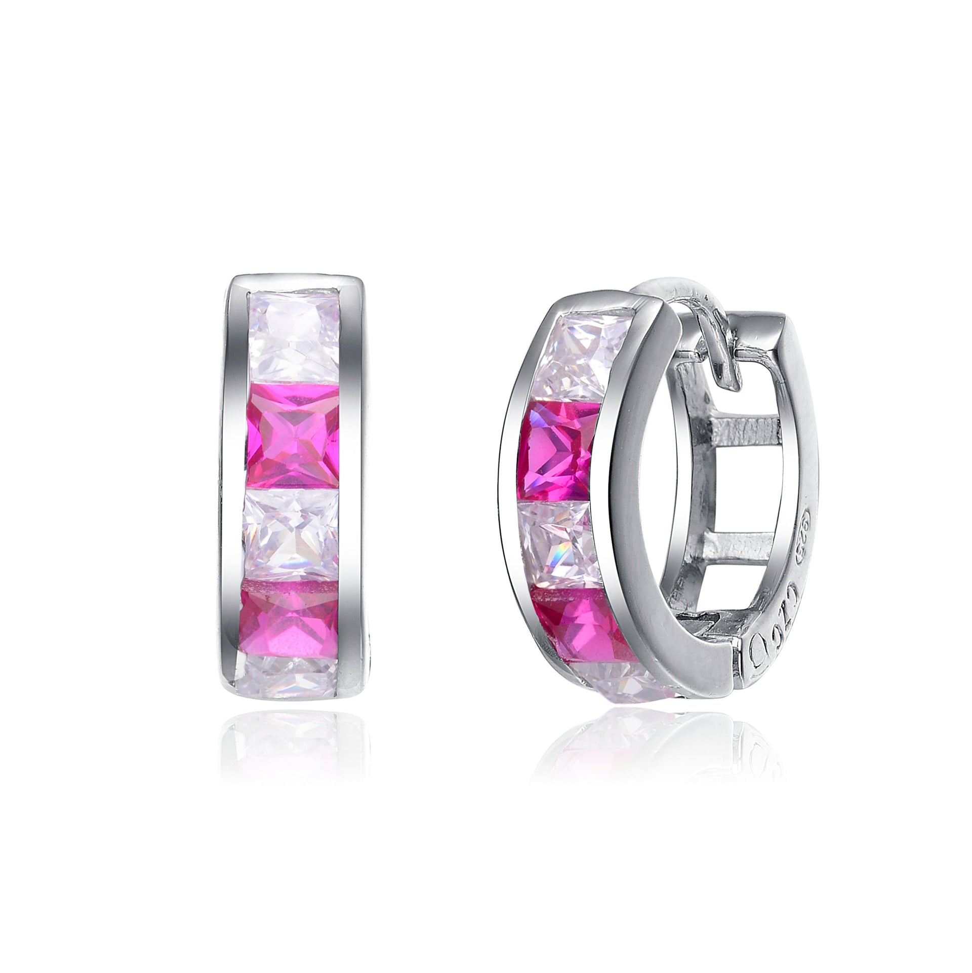 Sterling Silver White Gold Plated With Red Cubic Zirconia Small Hoop Earrings