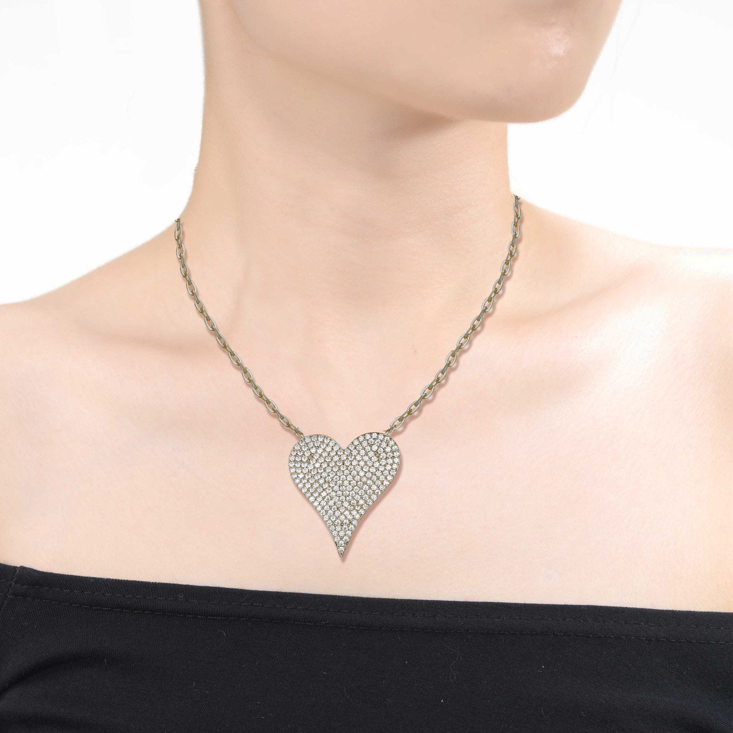 White Gold Plated Sterling Silver With Pave Diamond Cubic Zirconia Heart Layering Necklace