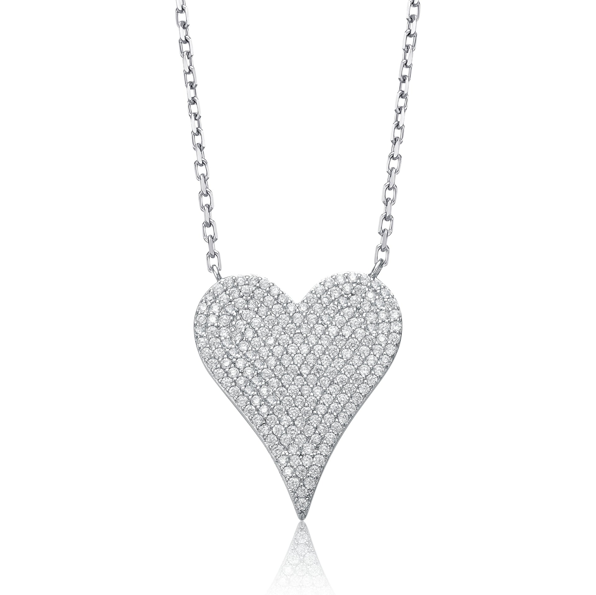 White Gold Plated Sterling Silver With Pave Diamond Cubic Zirconia Heart Layering Necklace