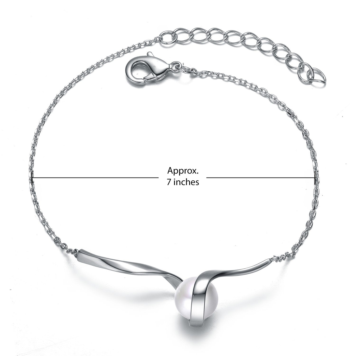 White Gold Plated Sterling Silver With Single Faux White Pearl Ribbon Delicate Cable Bracelet