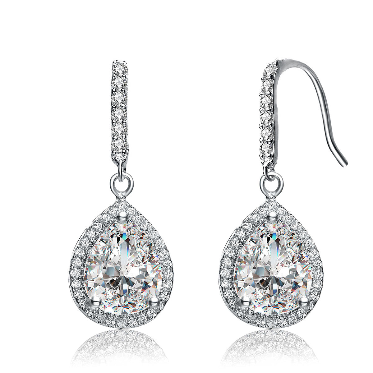 Rachel Glauber White Gold Plated Cubic Zirconia Raindrop Pear Halo Dangle Earrings