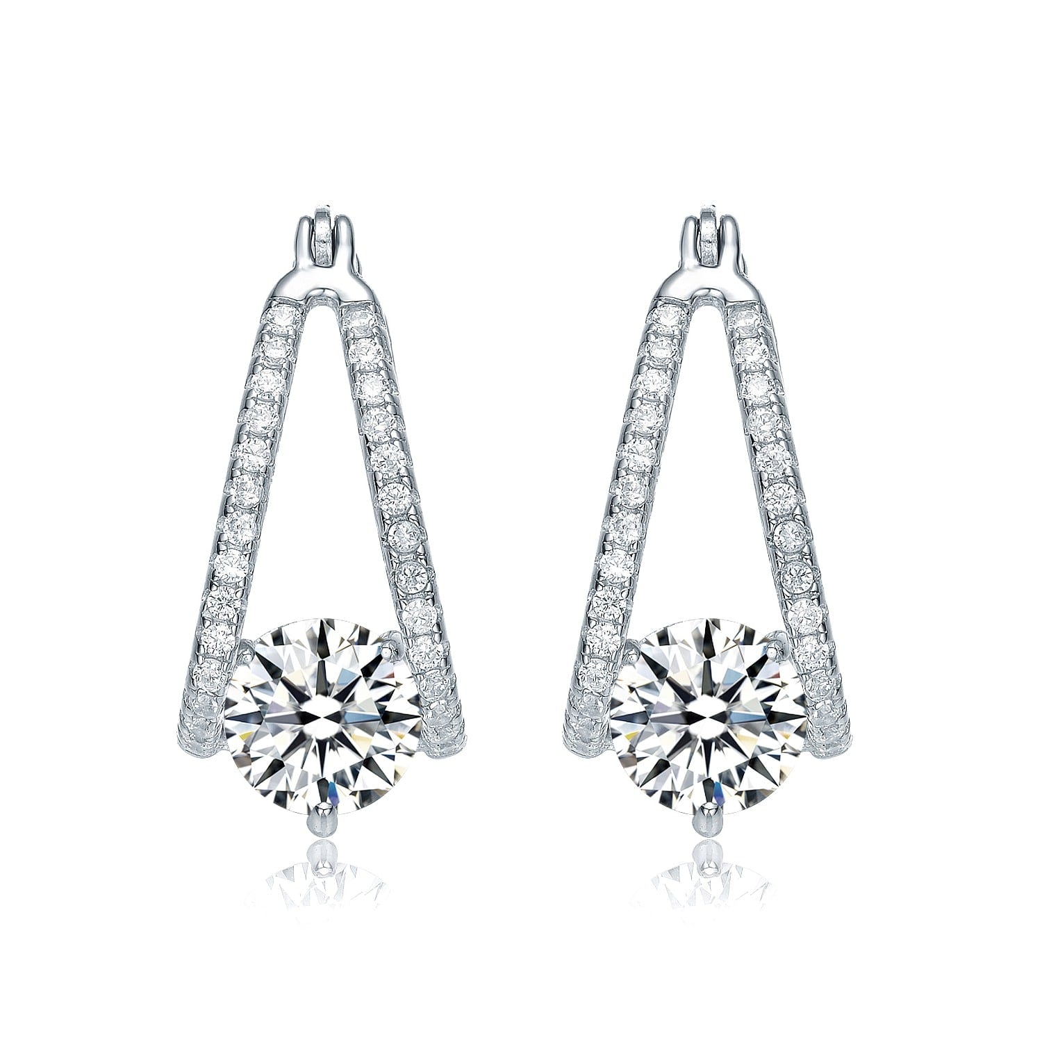White Gold Plated With Clear Cubic Zirconia Solitaire Double Trapeze Inside-Out Oblong Hoop Earrings