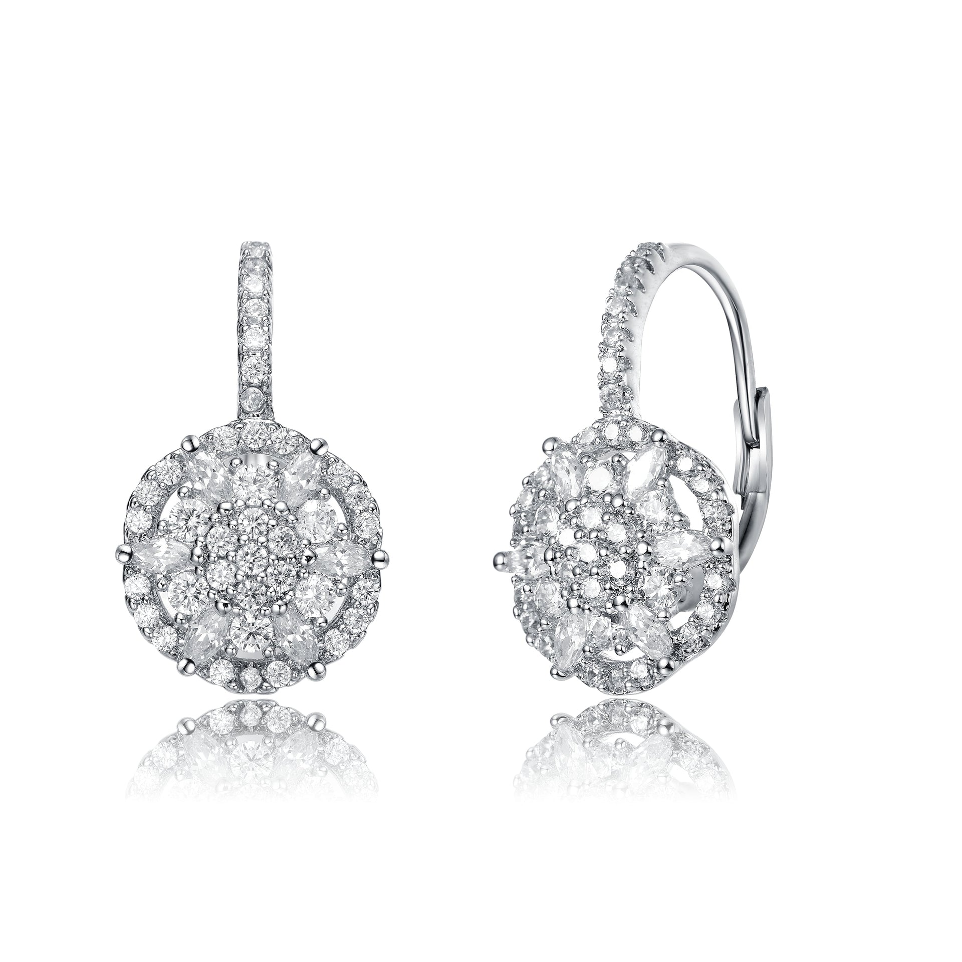 White Gold Plated With Clear Cubic Zirconia Flower Cluster Halo Leverback Dangle Earrings