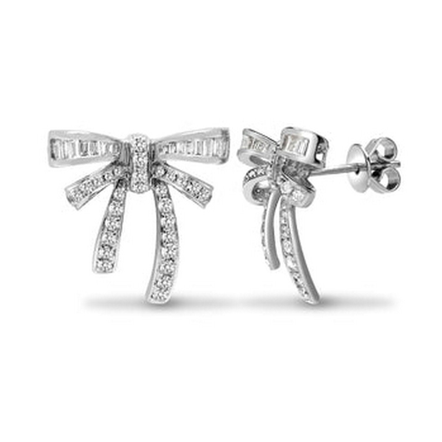 White Gold Round & Baguette Diamond Bow Earrings