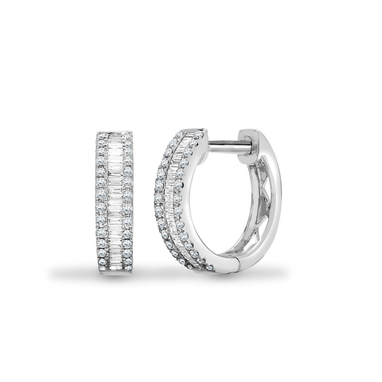 White Gold Round & Baguette Diamond Earrings Hoops