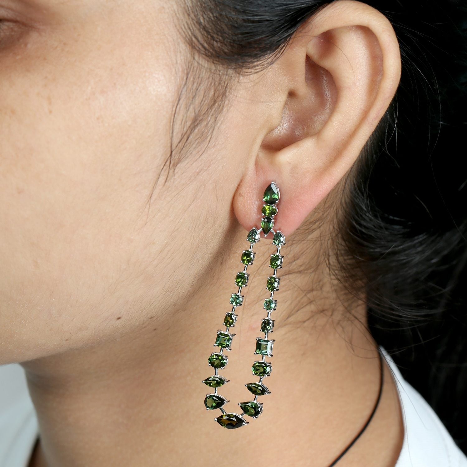 Green Tourmaline Gemstone Chandelier Earrings In White Gold
