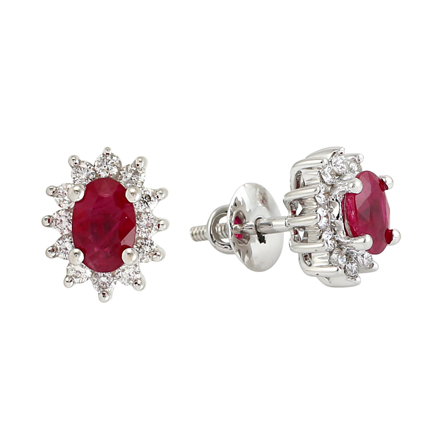 Oval Cut Ruby & Diamond Stud Earrings In White Gold