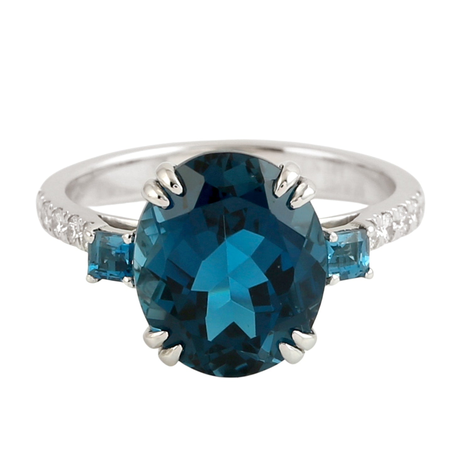 White Gold With Oval Cut London Topaz & Diamond Cocktail Ring