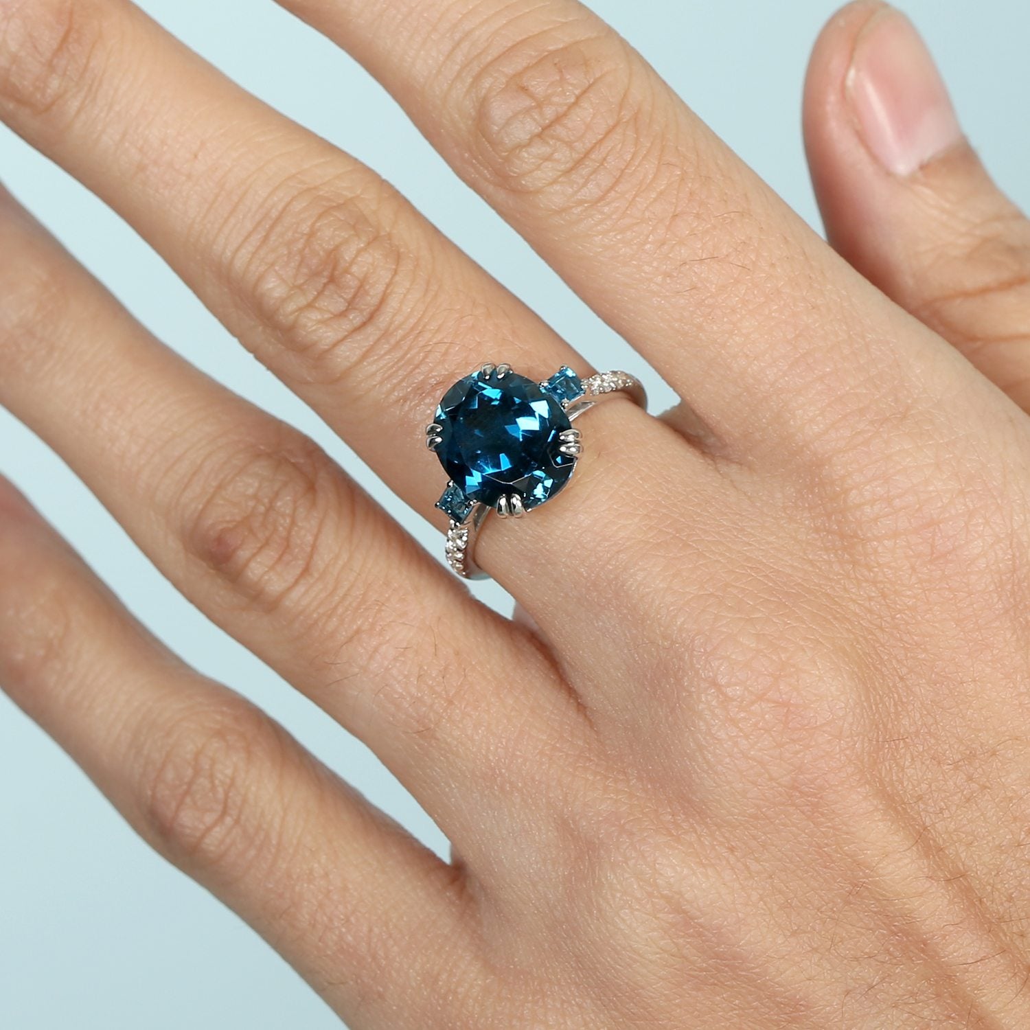 White Gold With Oval Cut London Topaz & Diamond Cocktail Ring