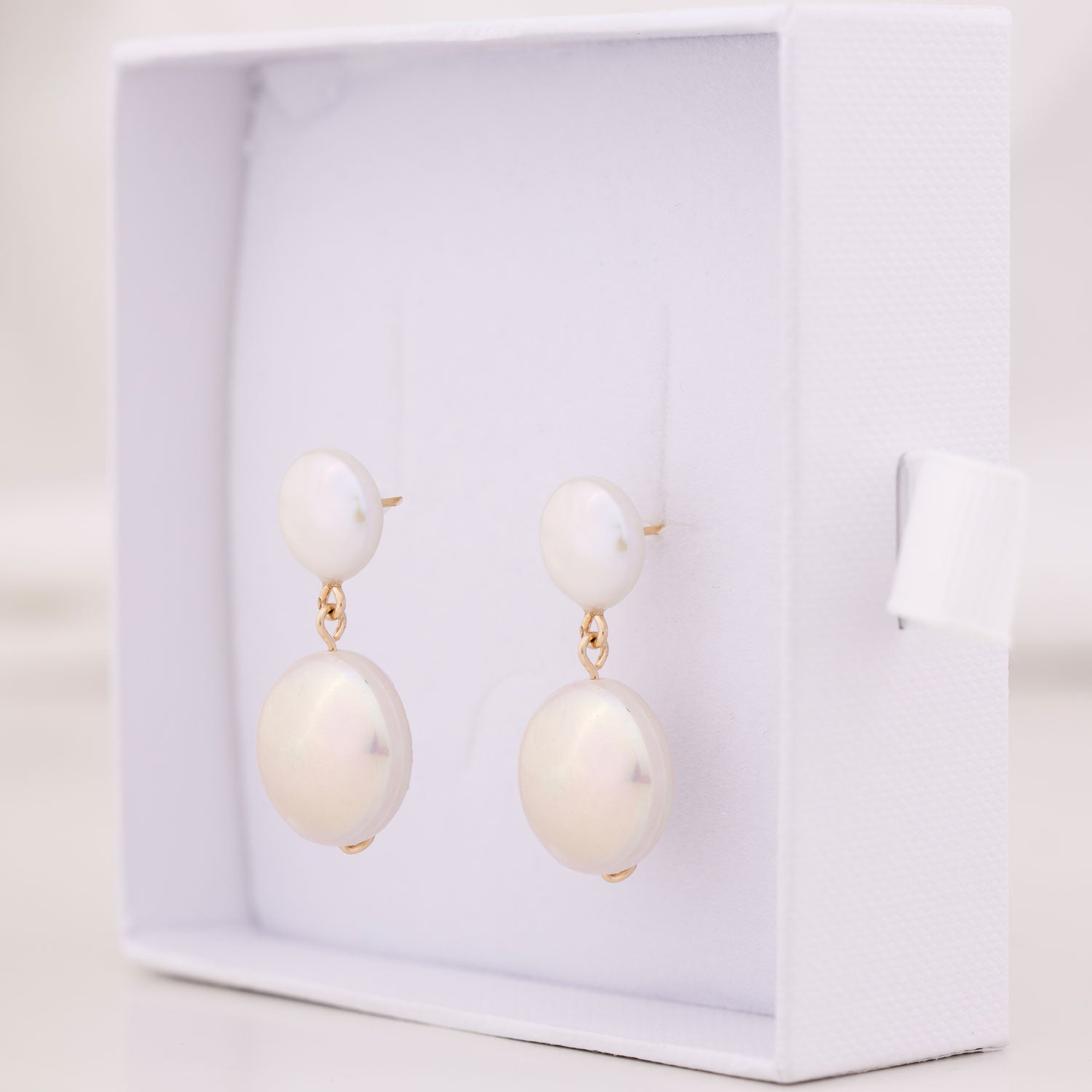 White Luster Freshwater Round Pearls Dangle Earrings Gold Ear Studs