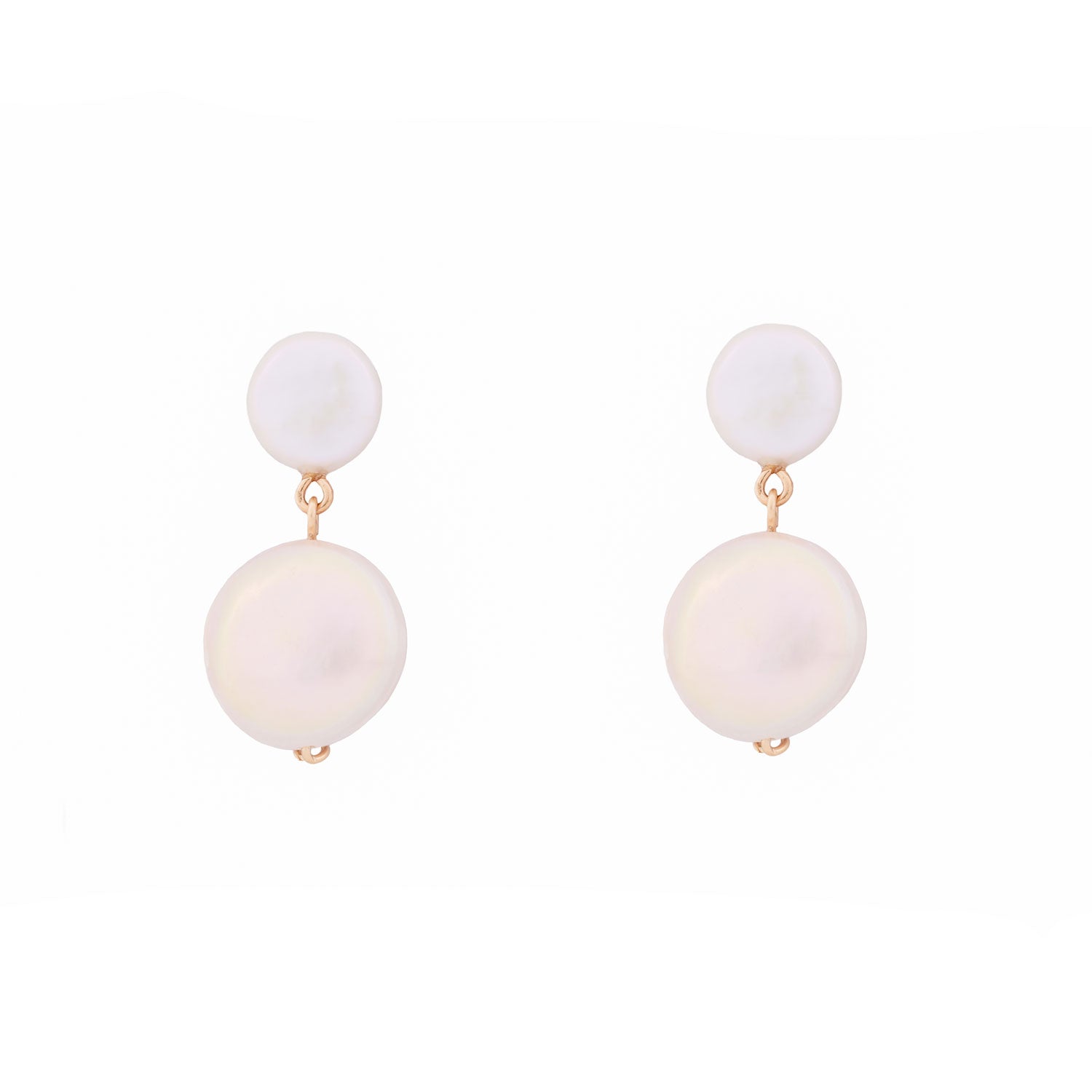 White Luster Freshwater Round Pearls Dangle Earrings Gold Ear Studs