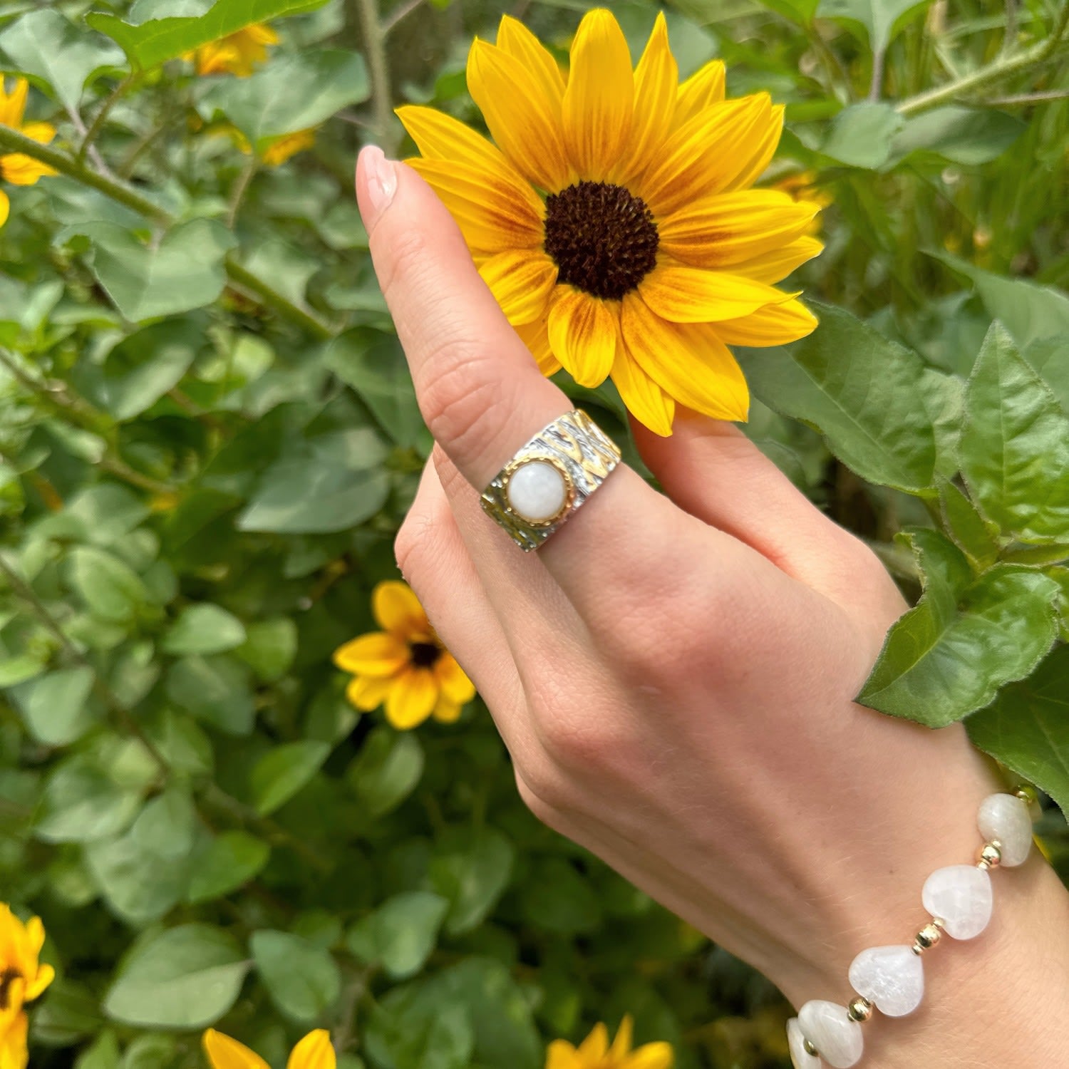 White Moonstone Platinum Plated Brass Adjustable Ring