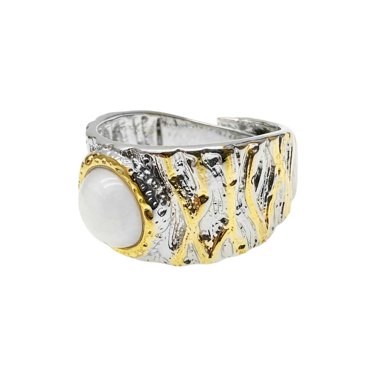 White Moonstone Platinum Plated Brass Adjustable Ring