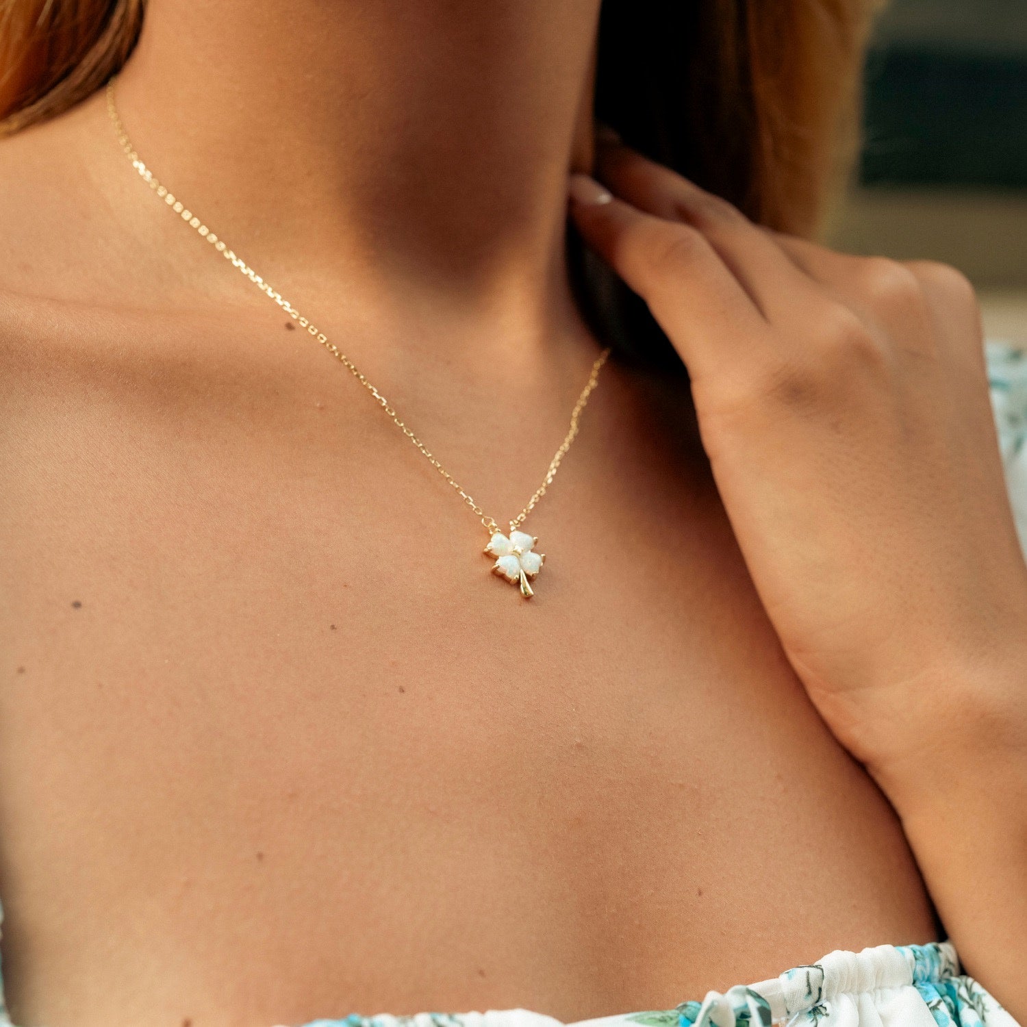 White Opal Four Leaf Clover Sterling Silver Necklace - Gold