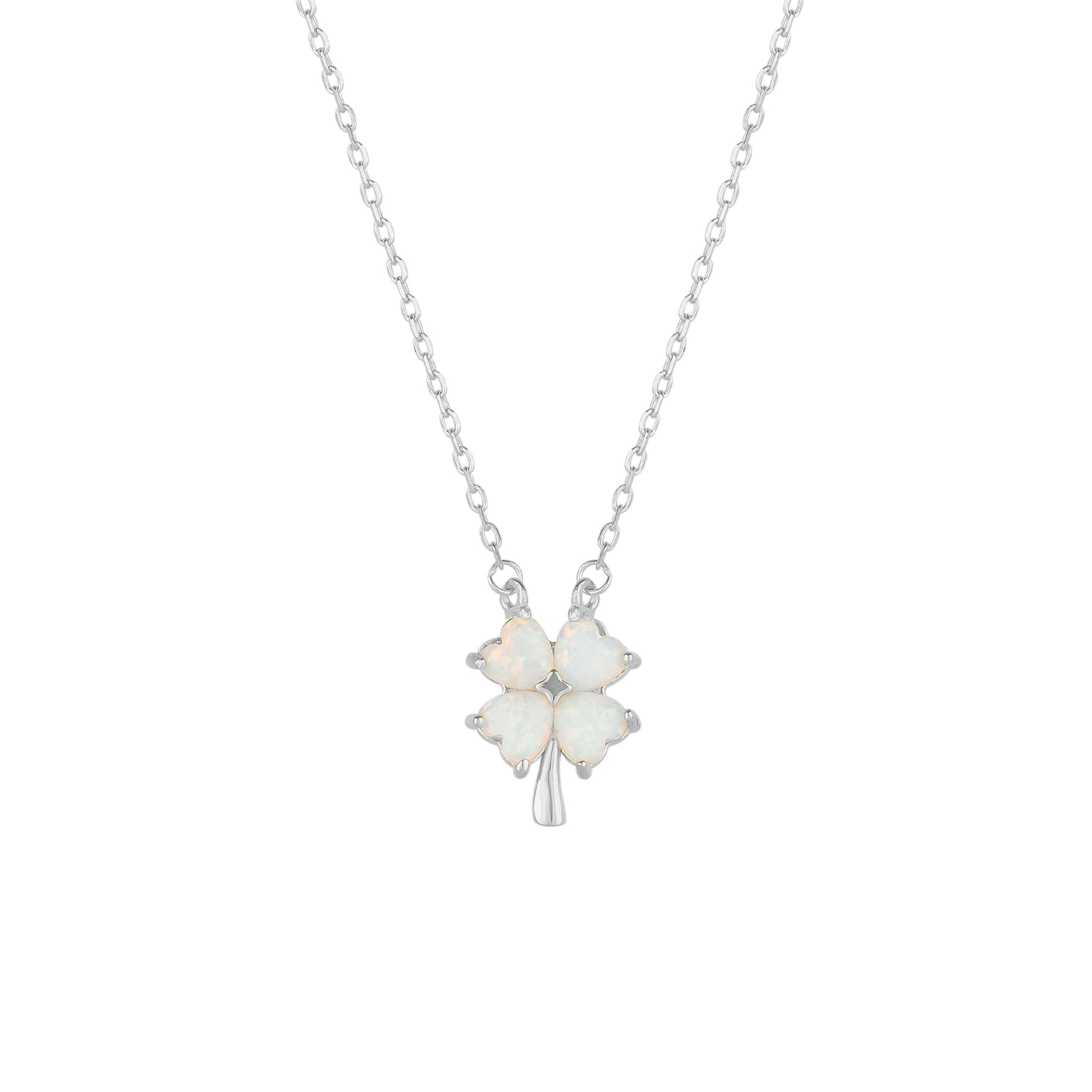 White Opal Four Leaf Clover Sterling Silver Necklace - Silver