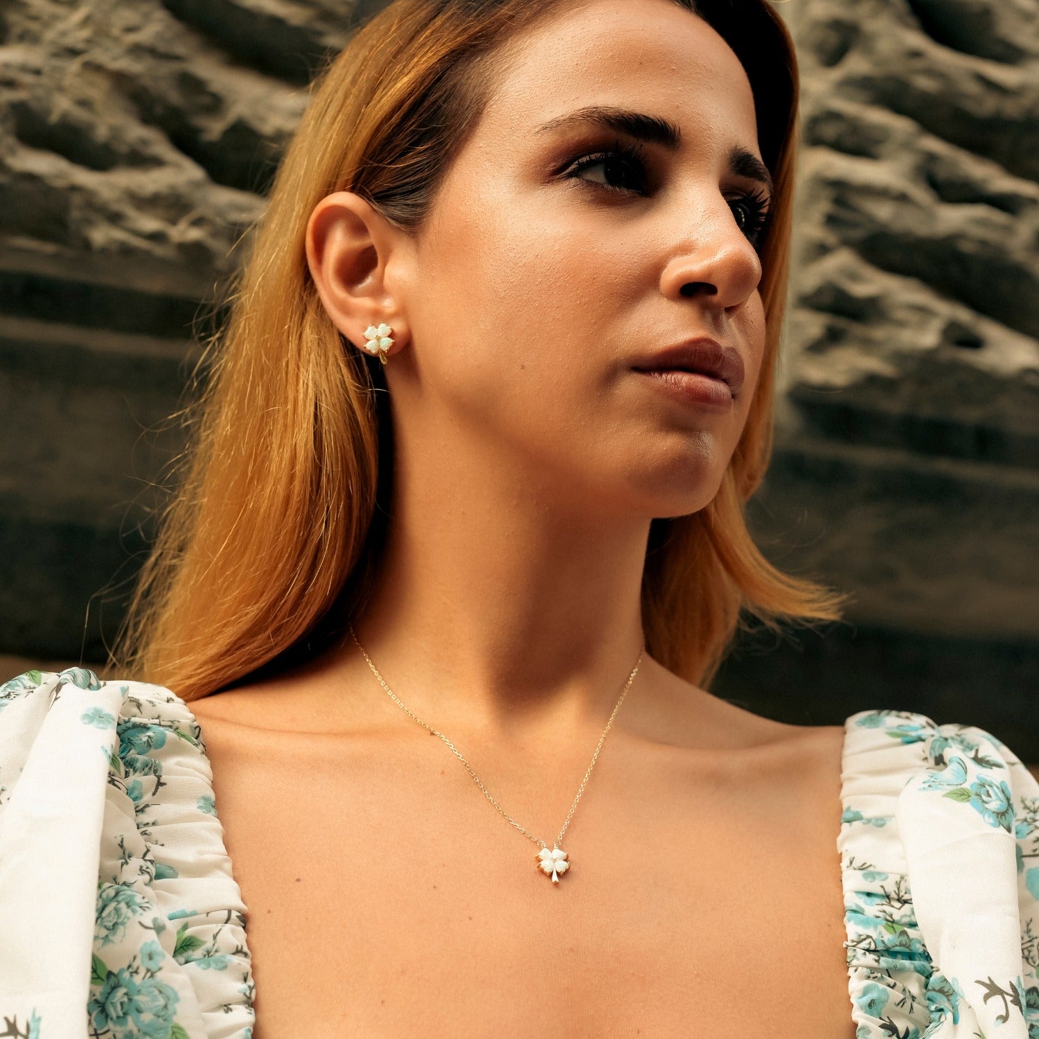 White Opal Four Leaf Clover Sterling Silver Necklace & Earring Set - Silver