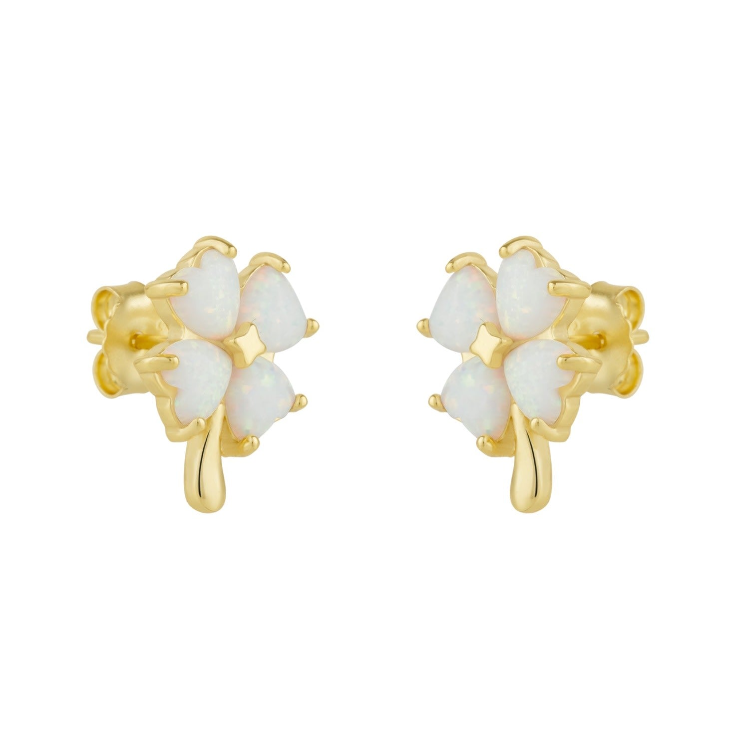 White Opal Four Leaves Clover Sterling Silver Stud Earring - Gold